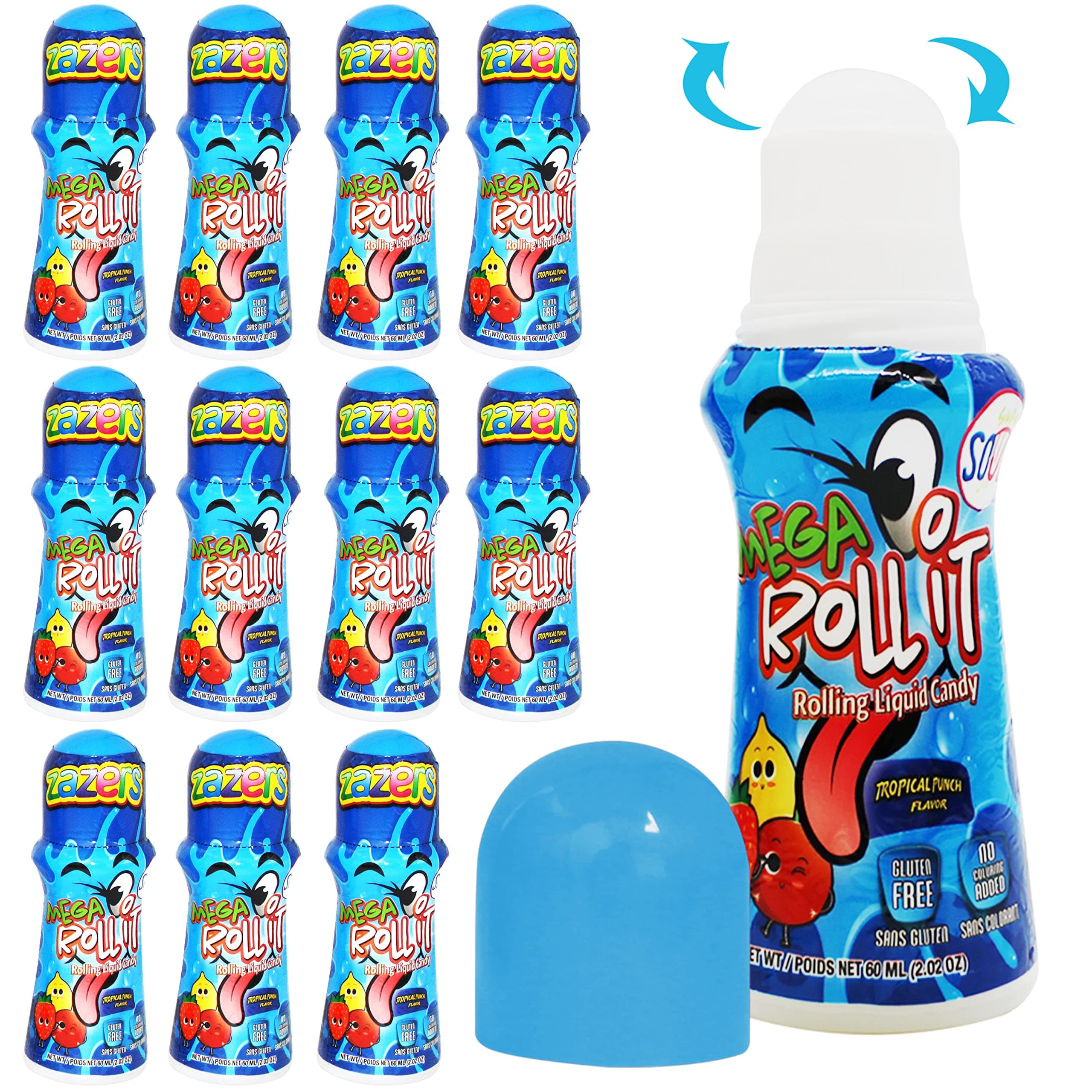 Mega Sour Rolling Liquid Licker Candy Tropical Punch Flavored - 12 Pack of 2.03 OZ Roll-It Bottles - Gluten-Free and No Coloring Added, (Kosher NET WT 24.24 OZ, 720ml)