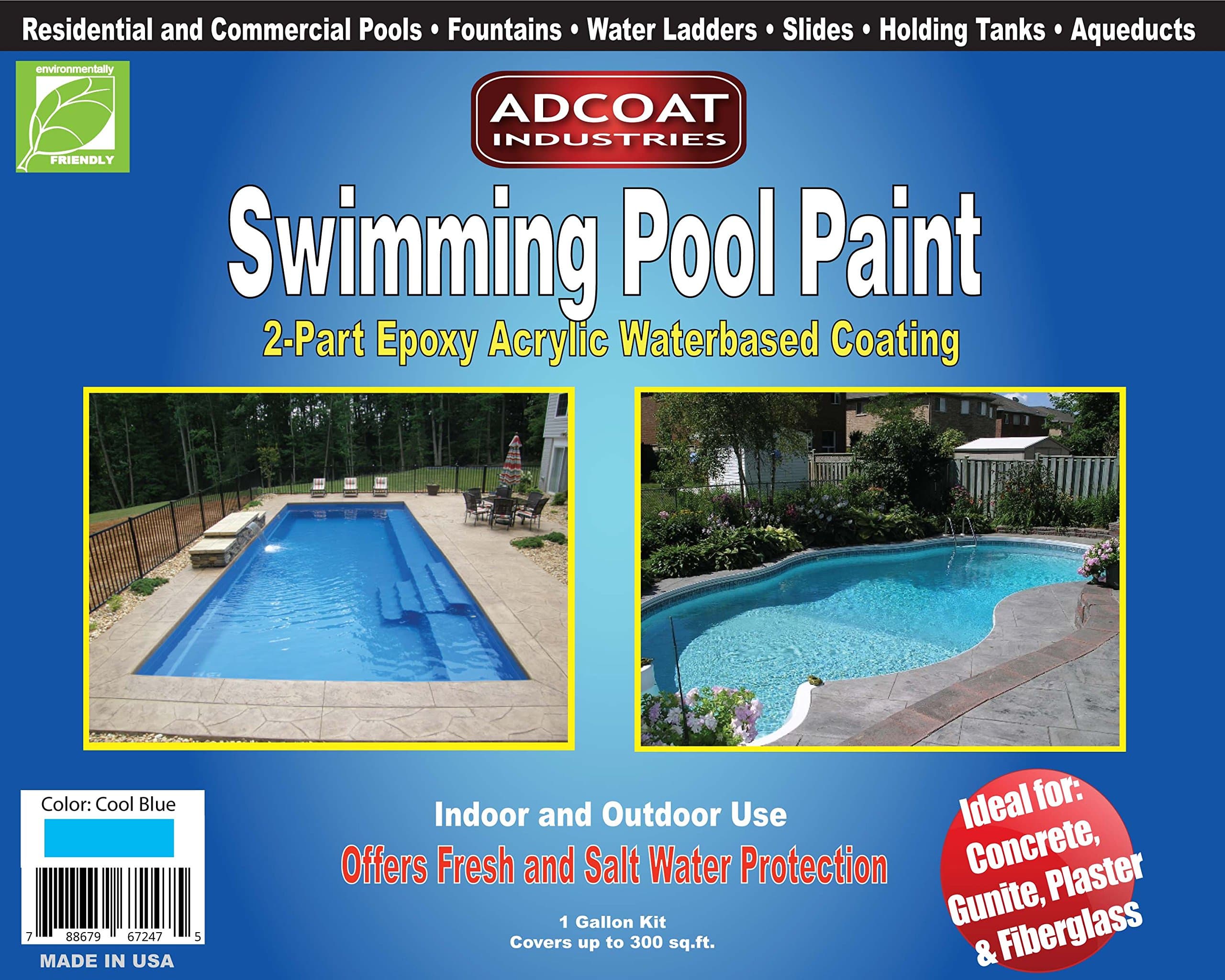 Swimming Pool Paint, 2-Part Epoxy Acrylic Waterbased Coating, 1 Gallon Kit - Cool Blue Color