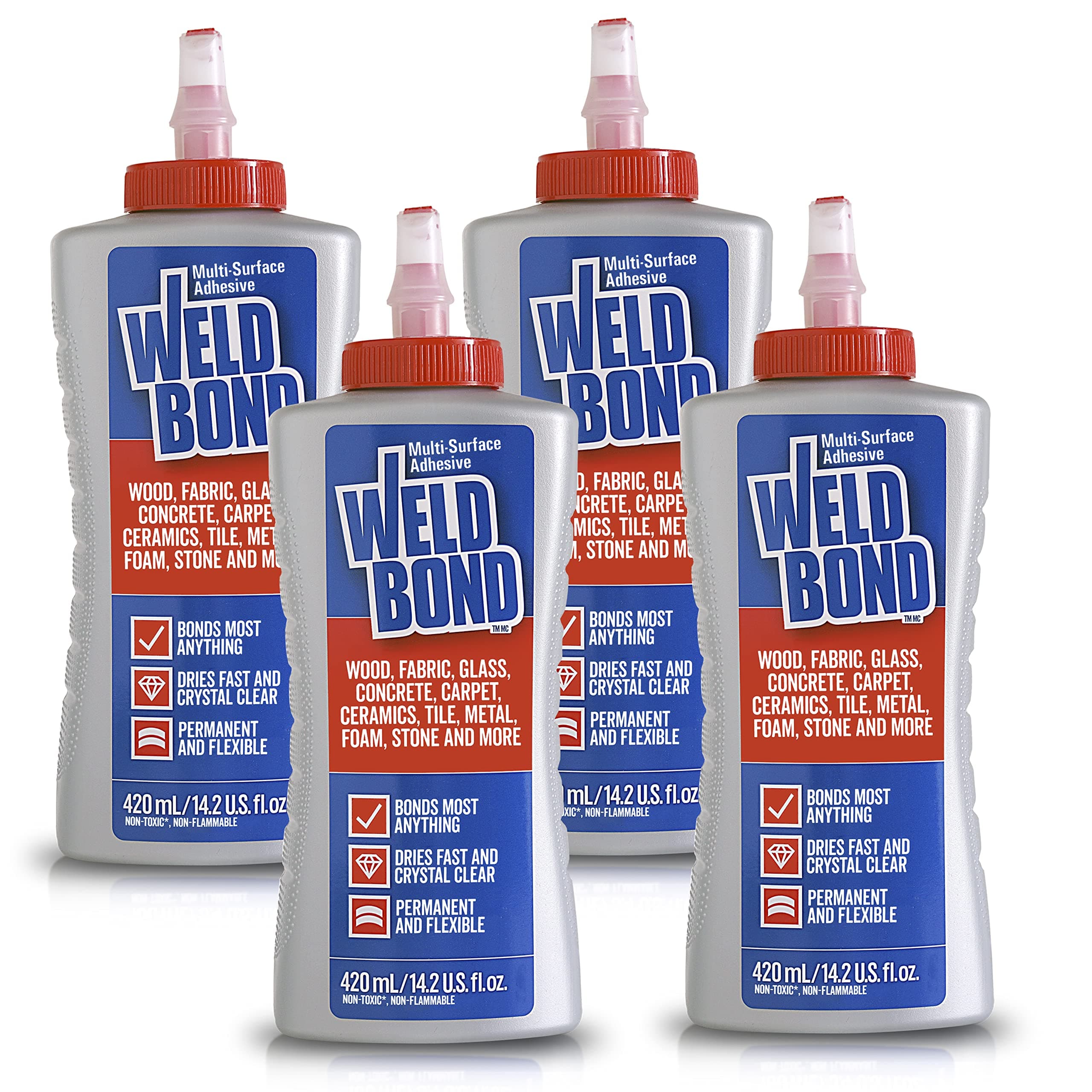 Weldbond Multi-Surface Strong Glue – Fast Drying Glue for Wood, Tile, Ceramic, Pottery, Glass, Metal & More – Heavy Duty Adhesive for Mosaic, Crafts, Wood Working & Repairs – 14.2oz (420ml), 4 Pack