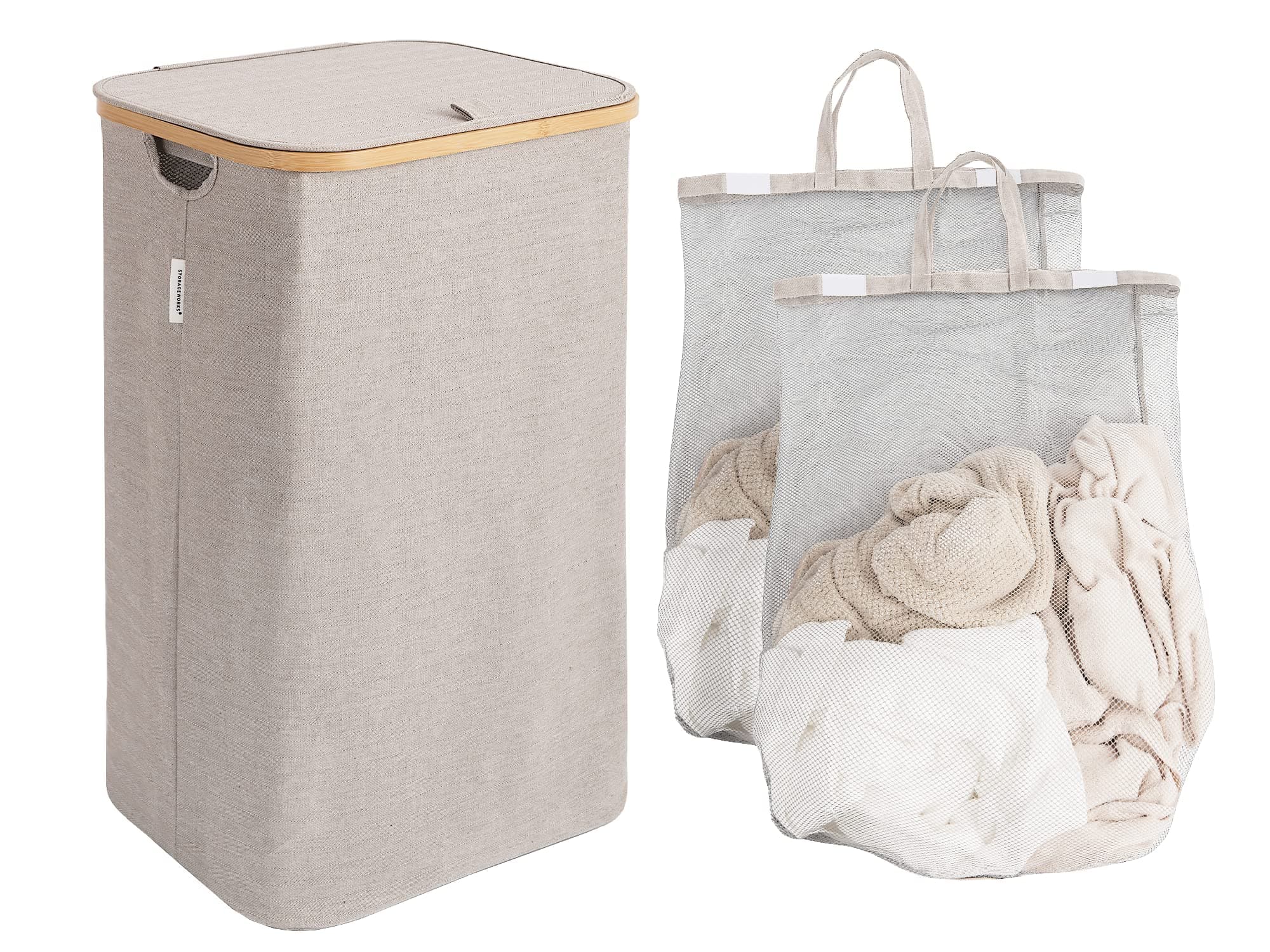 StorageWorks Large Laundry Hamper with Lid, 100L Tall Laundry Basket with Bamboo Handles and 2 Removable Inner Bag, Collapsible Laundry Hamper for Clothing, Toys, Towels, Brown and Beige, 1-Pack