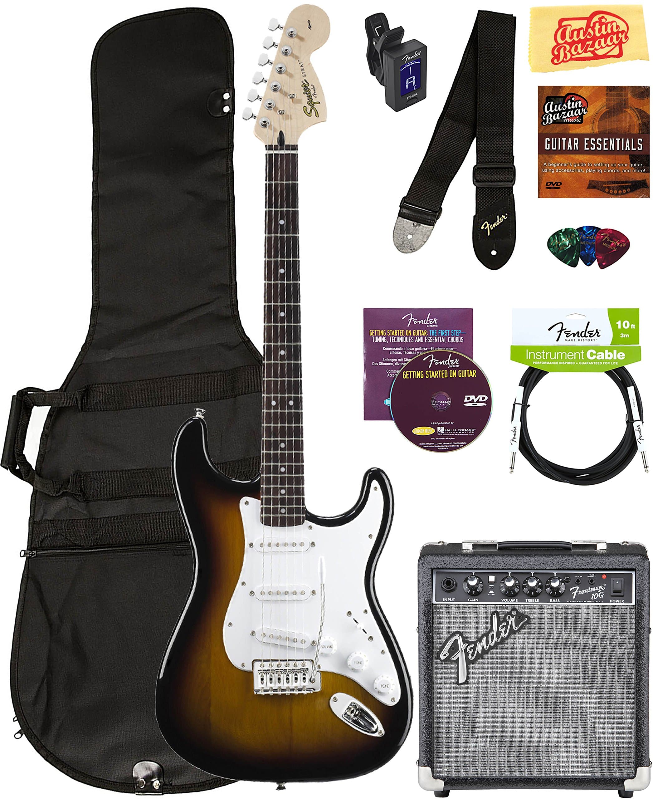 Fender Squier Affinity Strat Pack - Brown Sunburst with Frontman 10G Amplifier, Cable, Gig Bag, Tuner, Strap, Picks, Austin Bazaar Instructional DVD, and Polishing Cloth