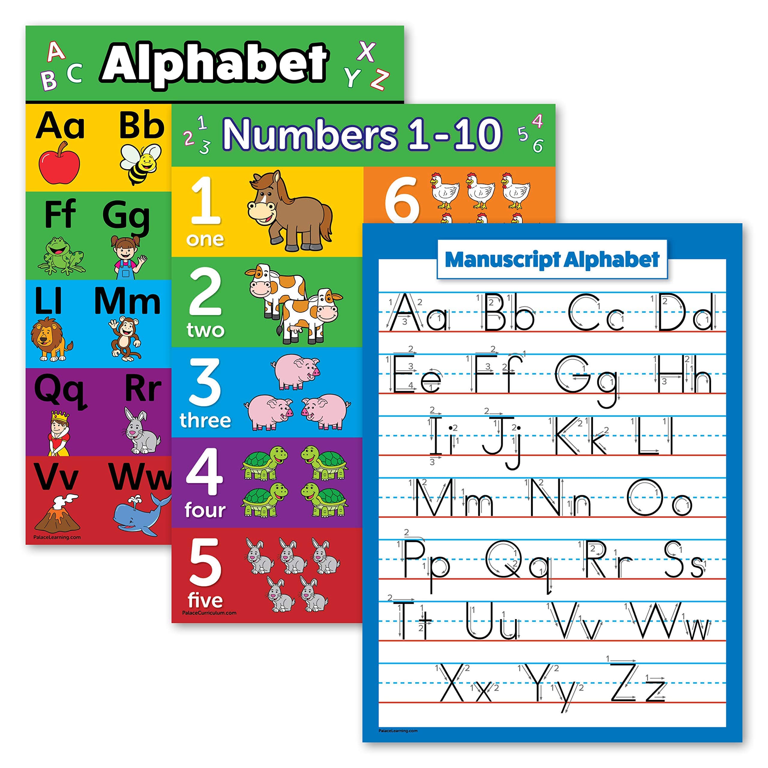 Palace Learning 3 Pack - ABC Alphabet + Numbers 1-10 + Manuscript Handwriting Poster Set - Toddler Educational Charts (LAMINATED, 18" x 24")