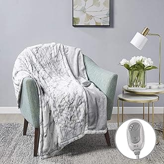 MP2 Heated Blanket Electric Throw, Fuzzy Faux Fur Throws for Lap w/ 3 Heating Levels & 2 Hours Auto Shut Off, UL Certified EMF Safe, Machine Washable - 50"x 60", Marble Blue