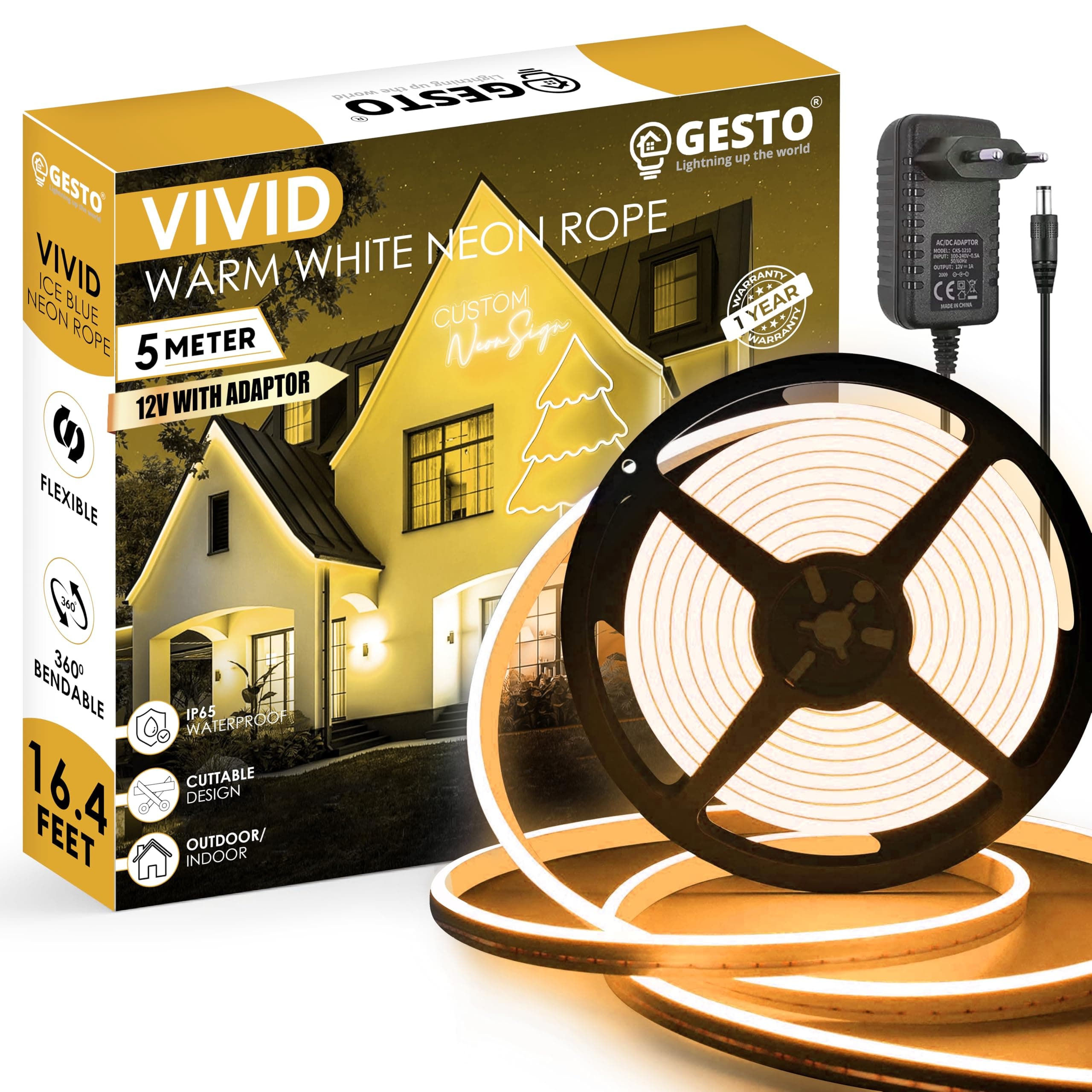 Gesto 16.4 Ft Neon LED Strip Light with 12V Adapter | Waterproof,Flexible & Cuttable Rope Light for Diwali Decor,Wall Decor,Indoor Outdoor Lighting,Neon Sign Board & Custom Name Design – Warm White