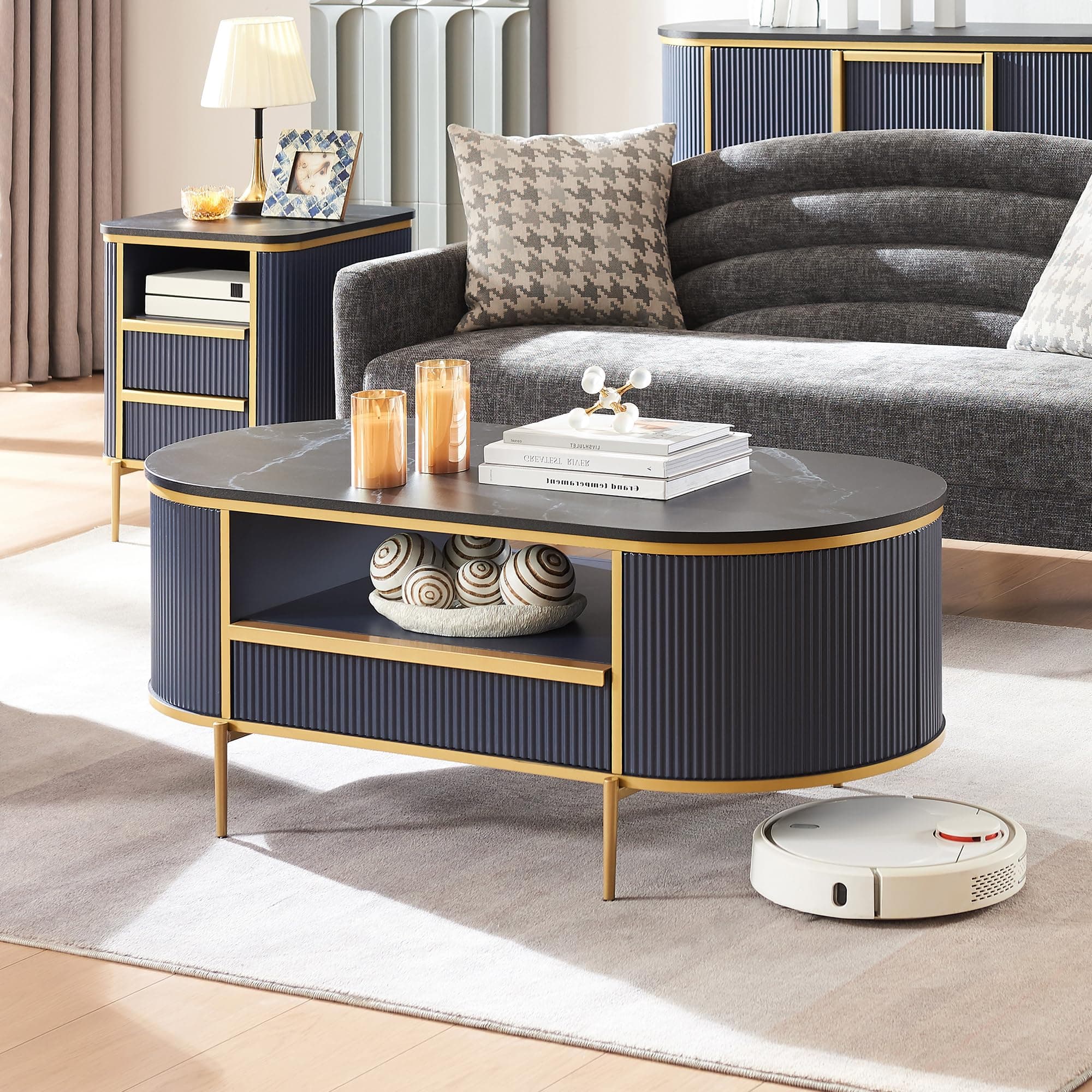 Modern Luxury Fluted Coffee Table, 48" Oval Coffee Table with Drawer, Faux Marble Top, Curved Profile Design, Gold Metal Decor, Center Table for Living Room, Navy Blue