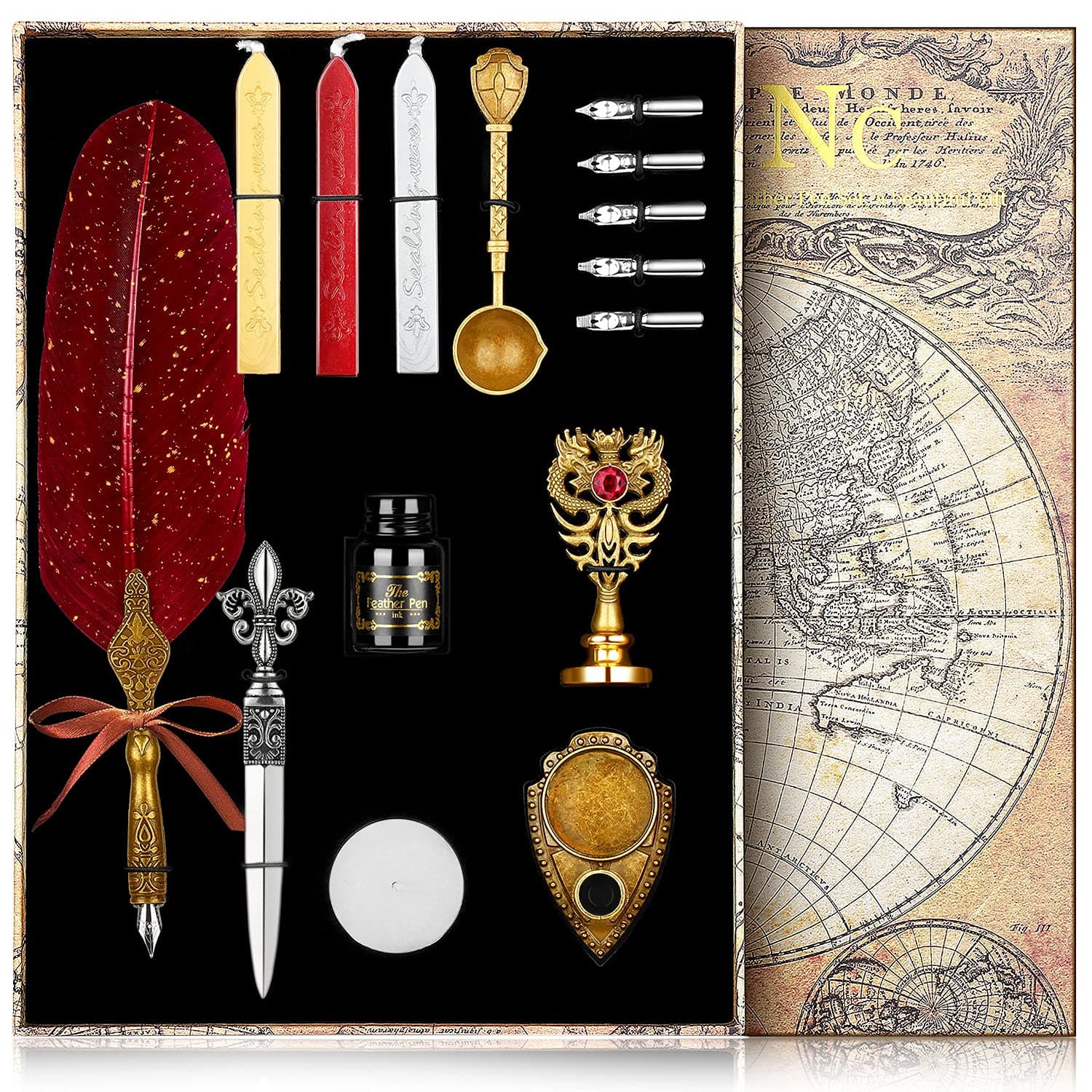 NC Feather Calligraphy Pen Ink Set,Quill Pen Set Includes Feather Dip Pen,Ink,5 Replacement Nibs,3Wax Seal Sticks,Pen Holder,Seal Stamp, White Wax,Spoon,Envelope Letter Paper, Envelope Tool,gift (Red)