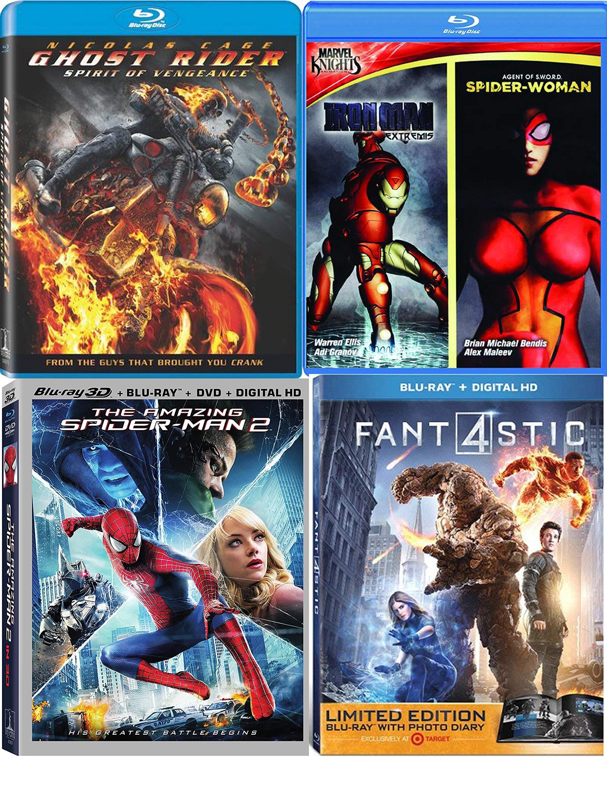 Marvel 5-Movie Bundle - Marvel Knights Iron Man Extremis & Spider-Woman Ghost RideR: Spirit of Vengeance, The Amazing Spider-Man 2 (3D/Blu-ray/DVD/Digital) & Fantastic 4 (Exclusive) Blu-ray Bundle