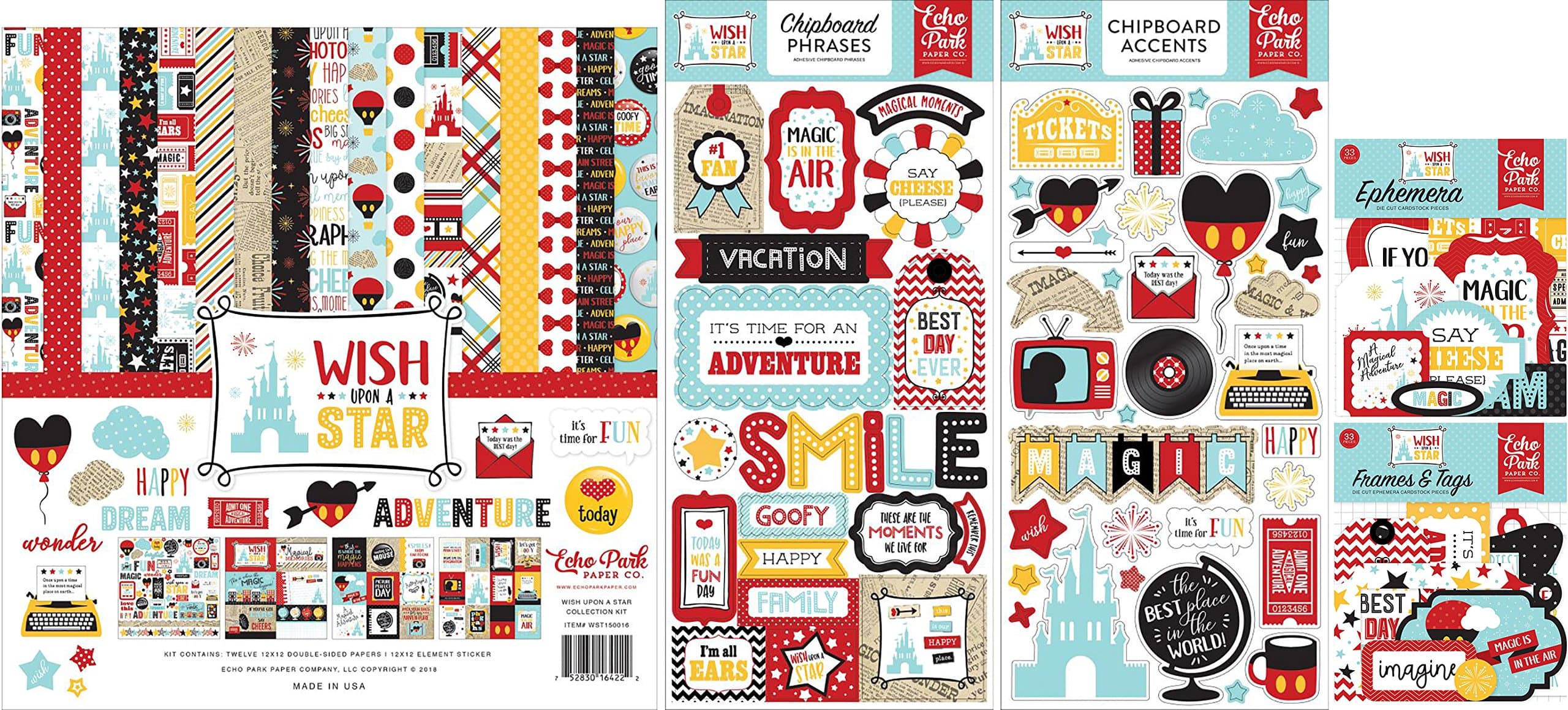 Echo Park Wish Upon A Star Bundle with 12x12 Inch Collection Kit, 6x13 Inch Chipboard Accent and Phrases Stickers, Icons, and Frames and Tags Ephemera (Set of 5 Items)
