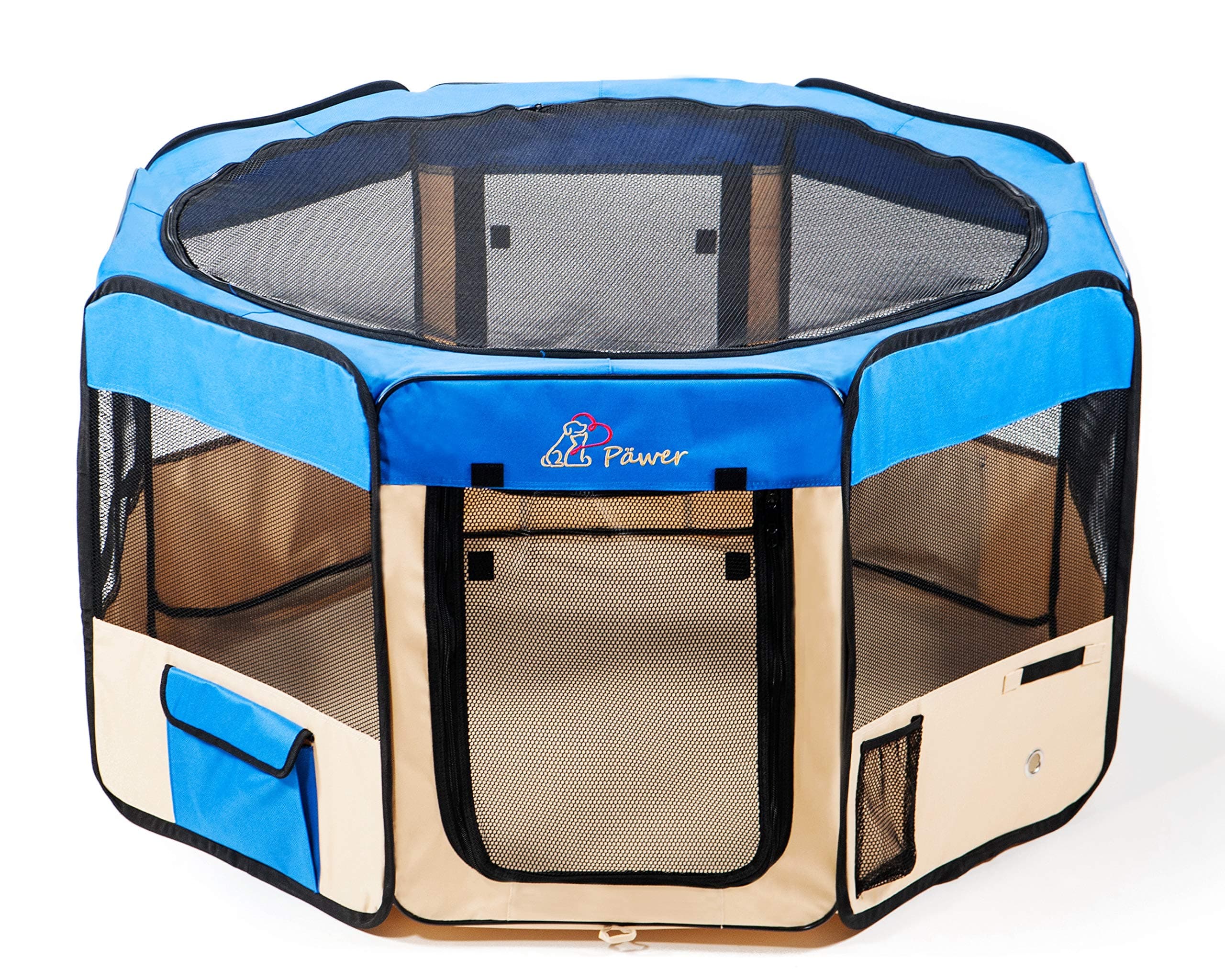 Pawer 36”×18.5” 8-Panel Foldable Pet Playpen, for Small Medium Cat/Dog/Puppy, Blue+Beige, 600D Oxford Cloth Portable Indoor & Outdoor Kennel with Carry Bag, Multiple Sizes & Colors Available