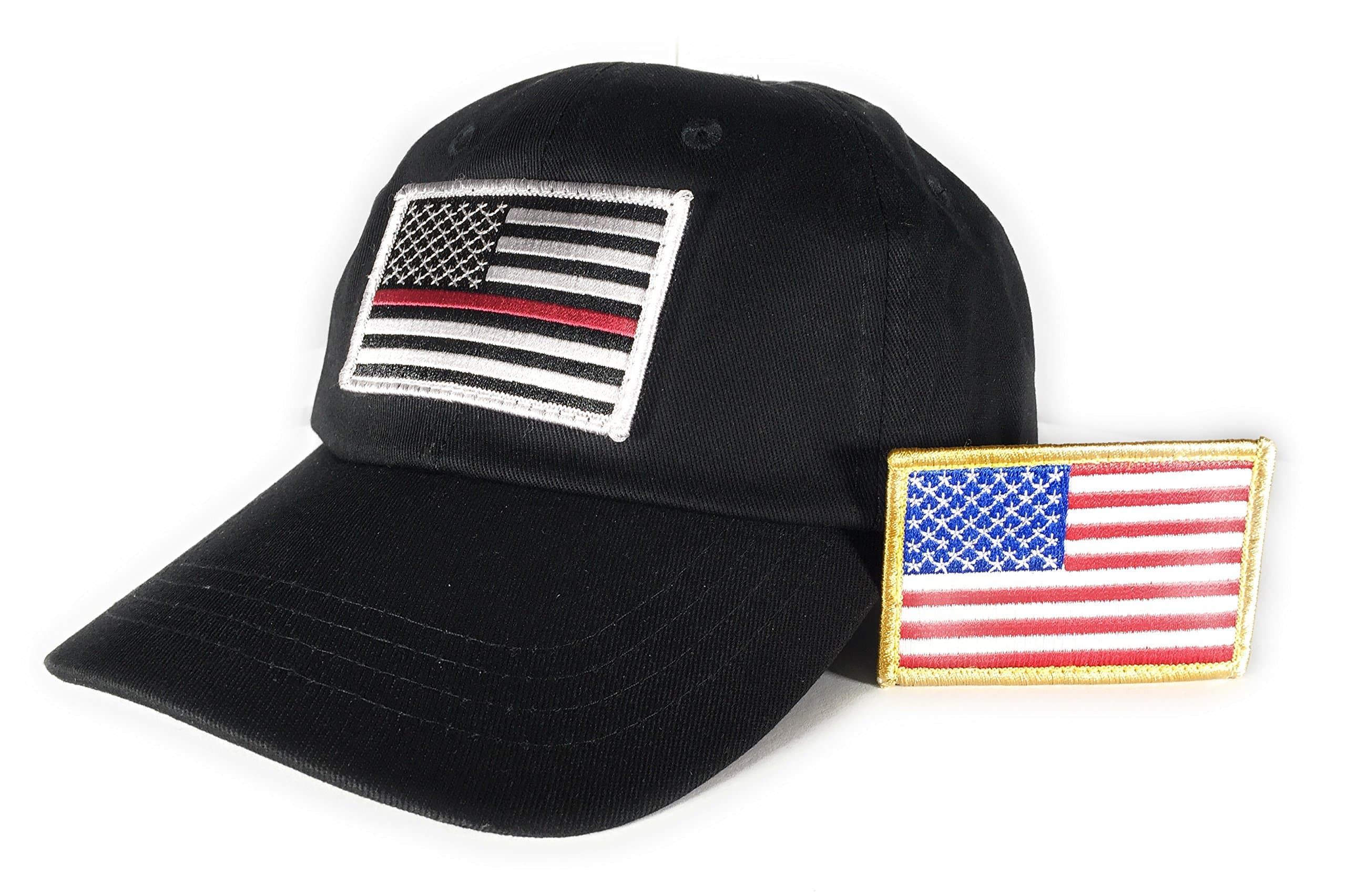 Tactical Thin Red Line Patch and Full-Color American Flag Hook/Loop Patches with Black Operator Cap