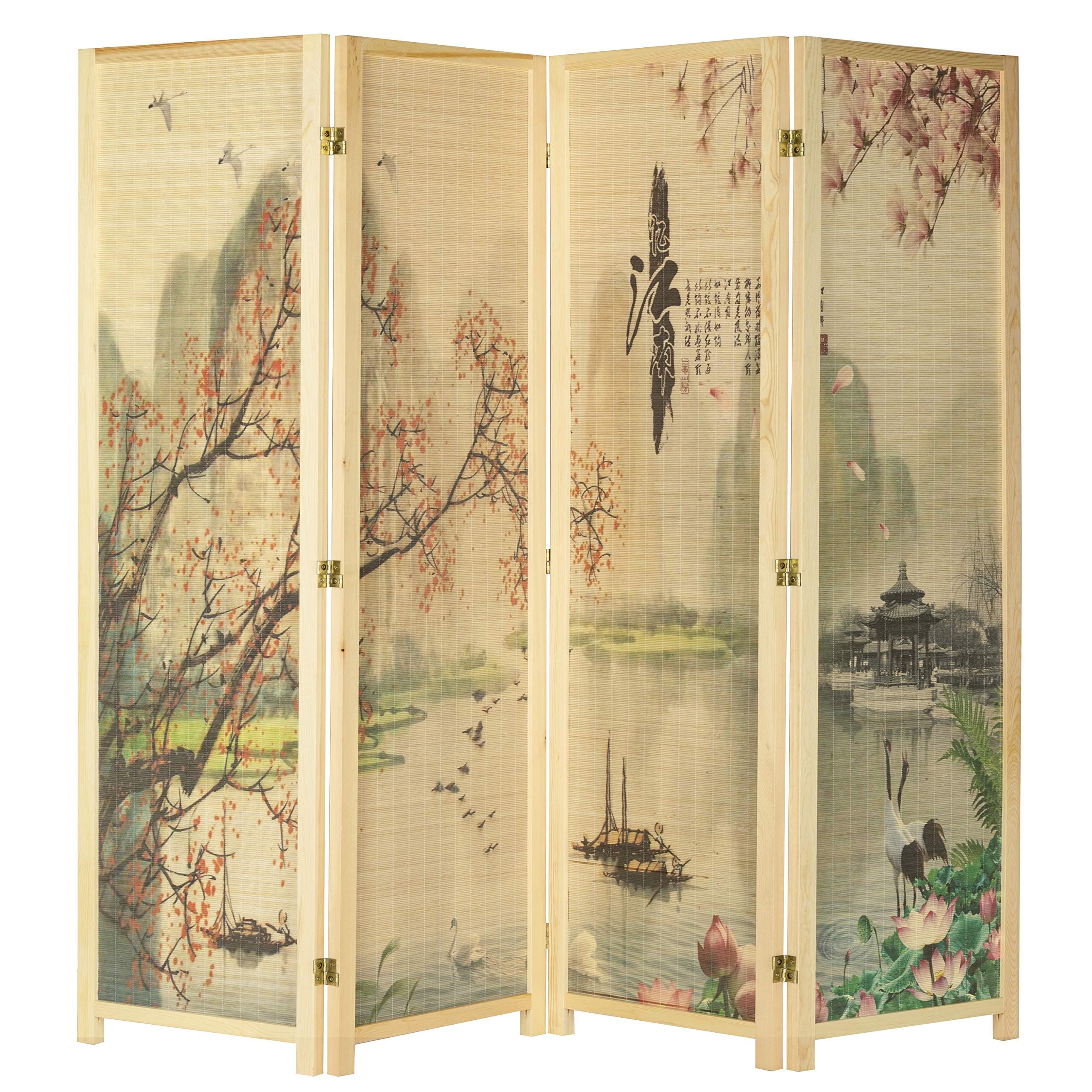 MyGift 4-Panel Folding Bamboo Room Divider Asian-Inspired Cherry Blossom Scene, 6 FT Freestanding Floral Artwork Room Partitioner with Beige Wood Frame