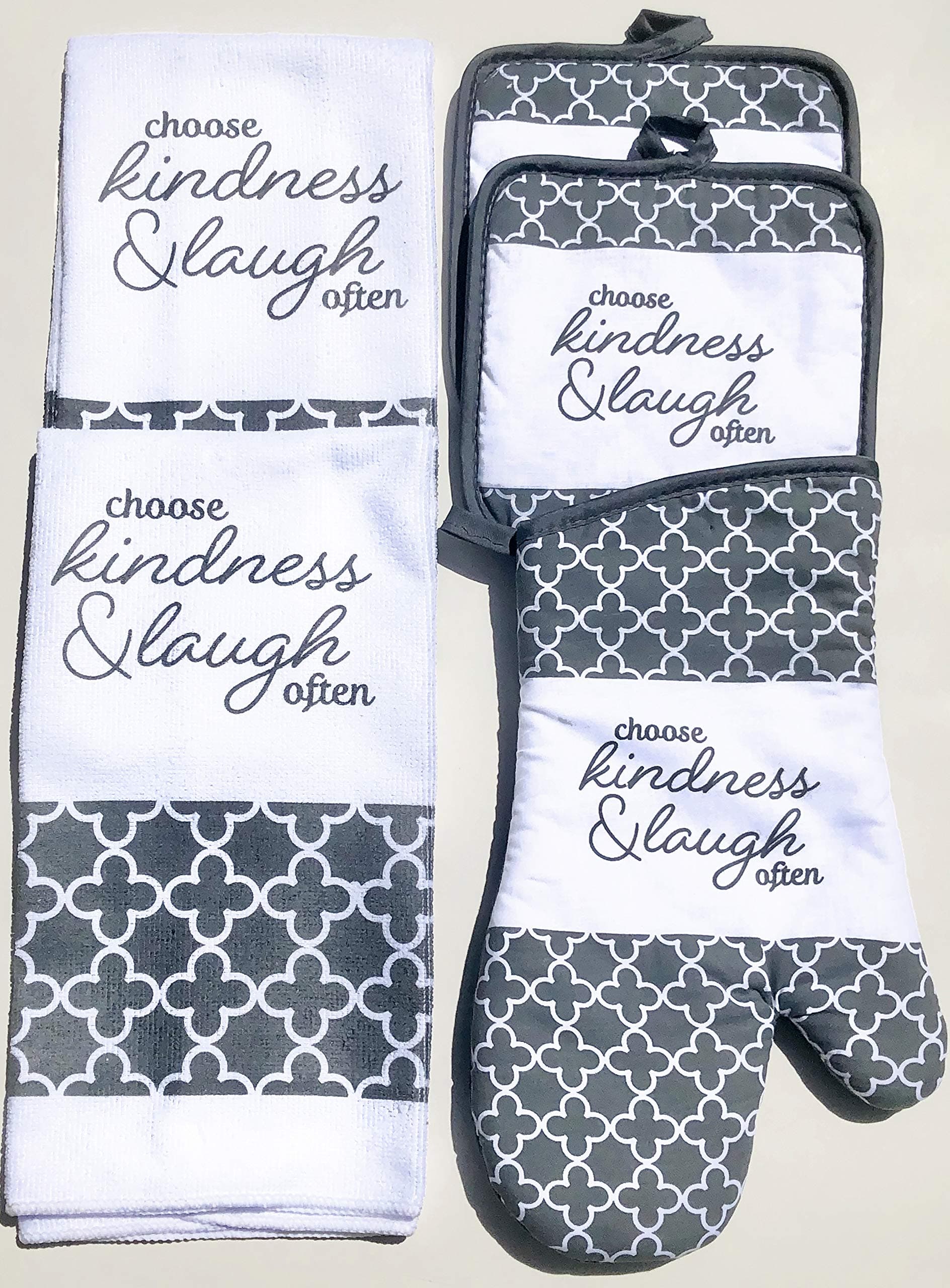 GREY OVEN MITT SET with 2 DISH TOWELS and 2 POT HOLDERS. Inspirational Saying "Choose Kindness & Laugh Often" Comes with GIFT TOTE BAG, CARD and EVEN the TISSUE Paper -- Ready for Gift Giving