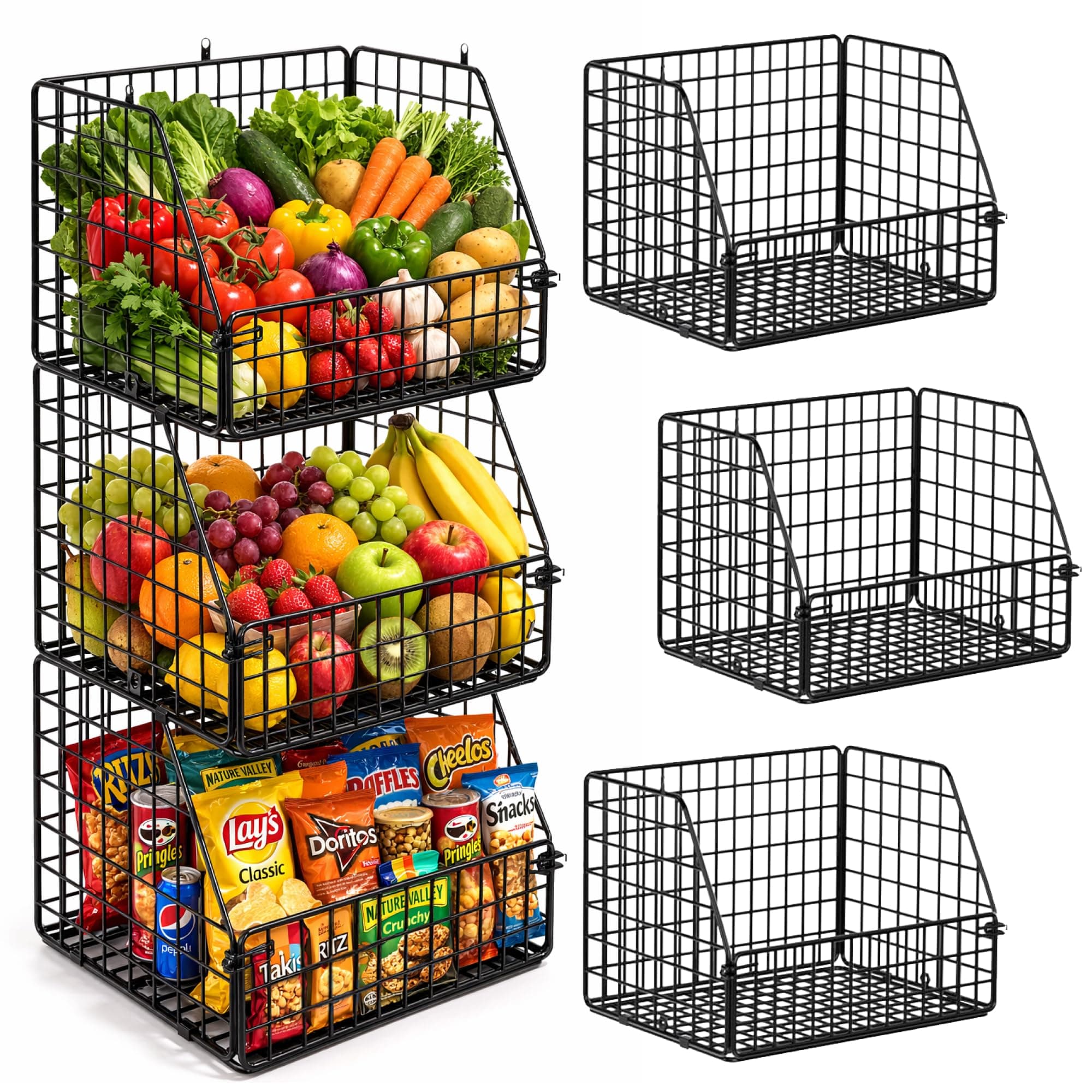 3-Tier Wall Hanging Fruit Baskets for Kitchen Organizing Fruits and Vegetables, Heavy-Duty Wall Basket for Storage, Wire Hanging Fruit Basket for Kitchen & Pantry