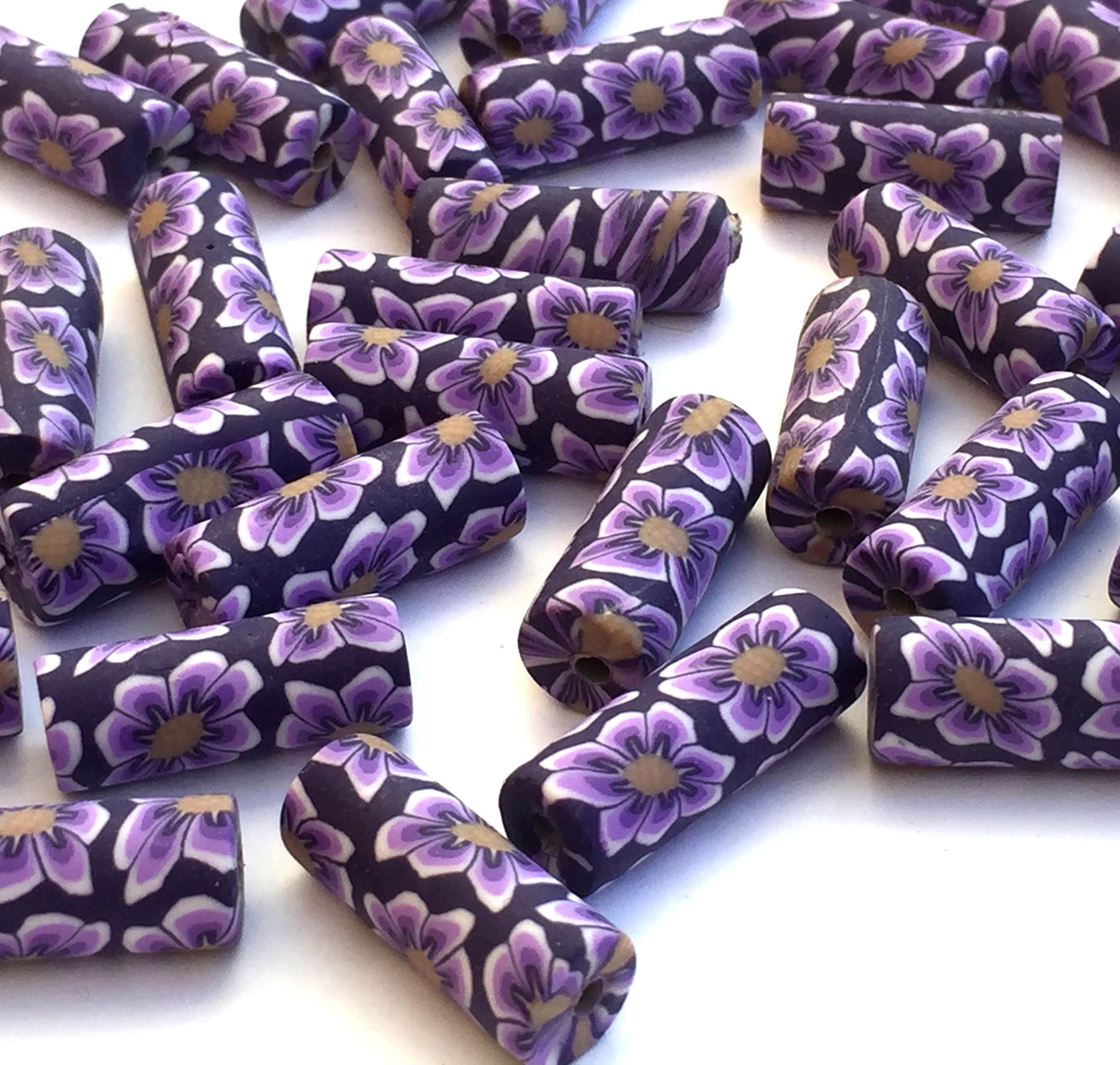 20 x Large 18 x 7mm Polymer Clay Purple Rectangle Tube Beads, Hole: 2mm