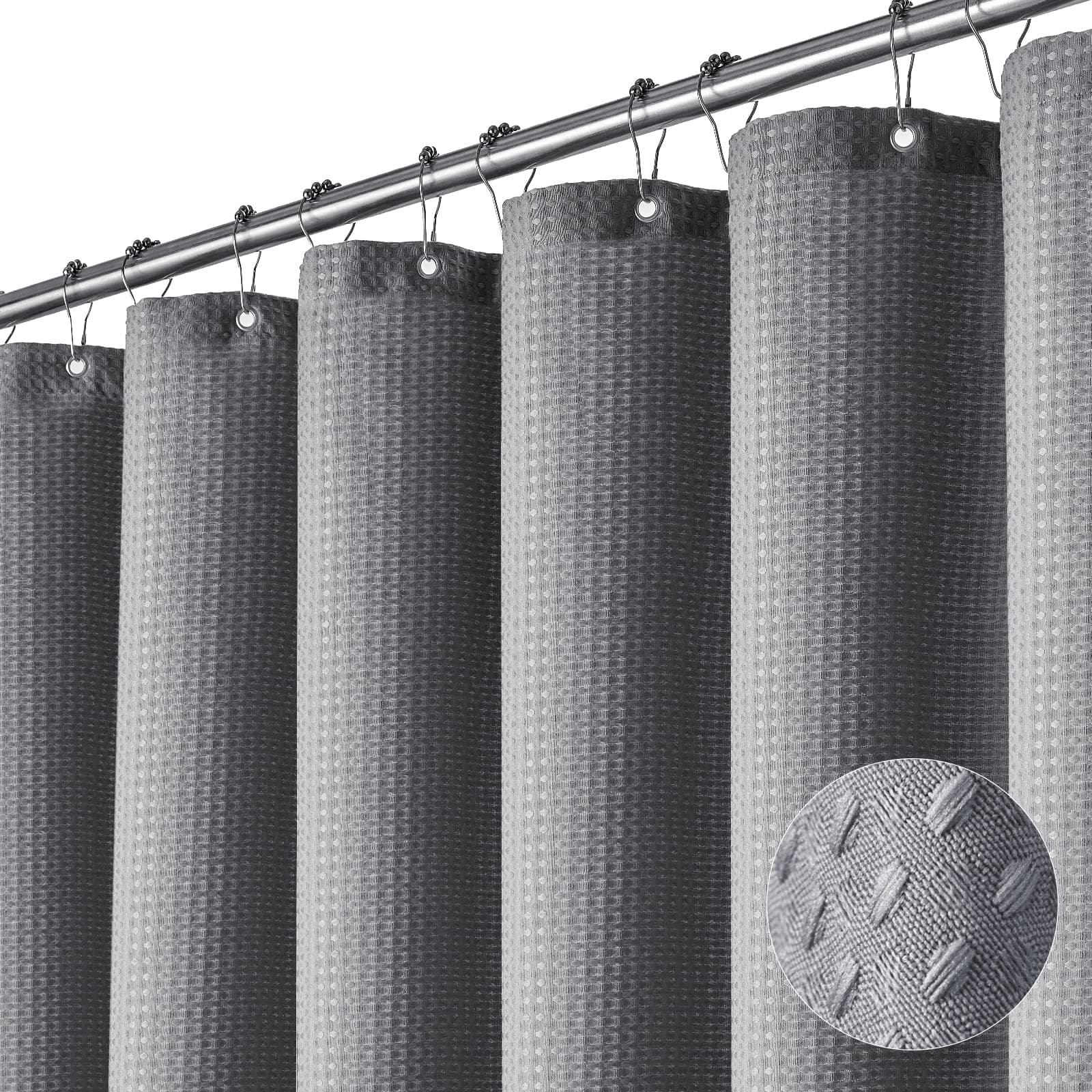 Dynamene Extra Long Shower Curtain,84 Inch Long Grey Waffle Weave Heavy Duty Fabric Bathroom Shower Curtain, Neutral Weighted Hotel Thick Bath Curtain Set with 12 Plastic Hooks,72x84,Grey/Gray