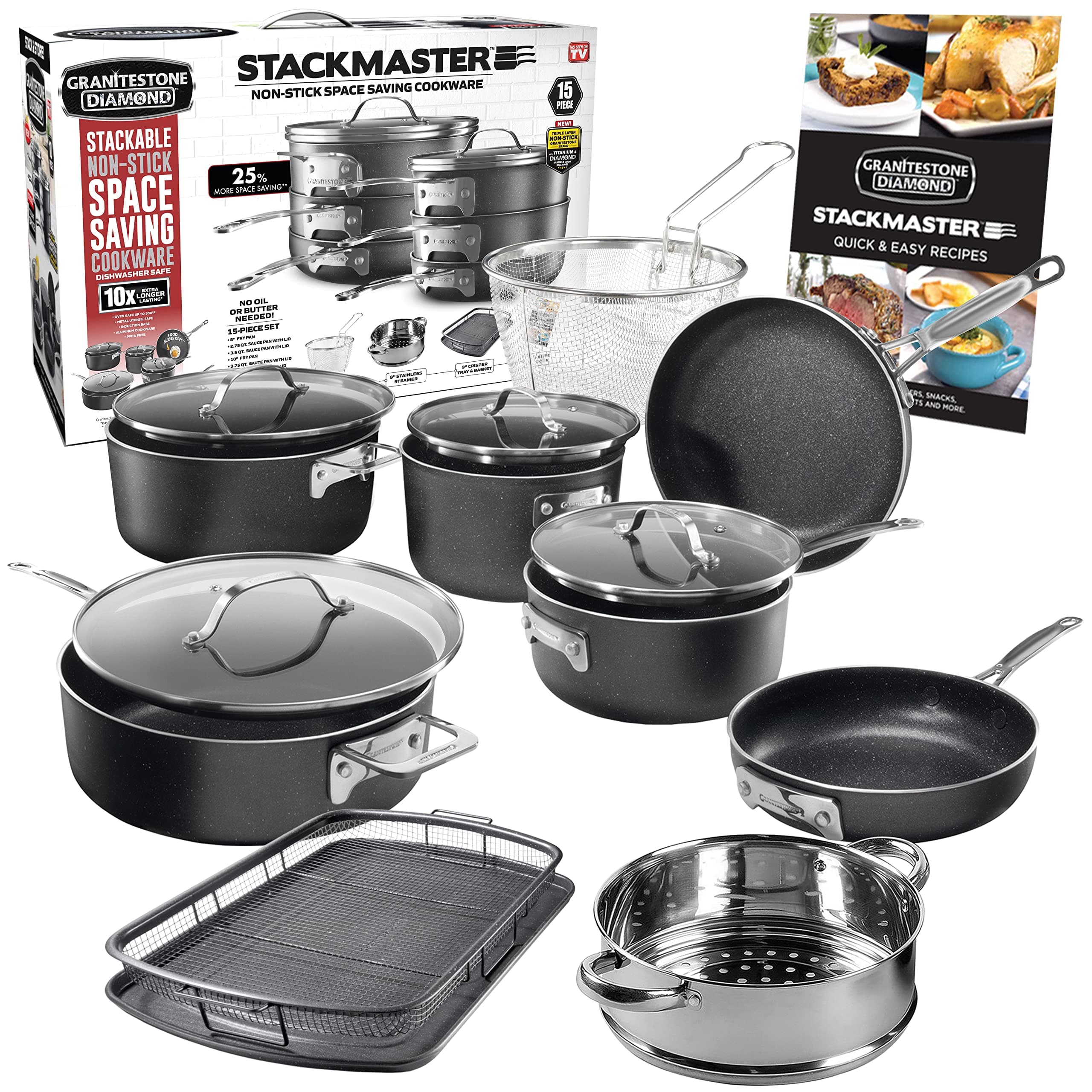 Granitestone15 Piece Stackmaster Ultra Non stick Cookware Set, Pots and Pans Kitchen Set with Cool Touch Handles, Dishwasher-safe, Oven-safe Cookware Sets 100% PFOA-Free As Seen On TV