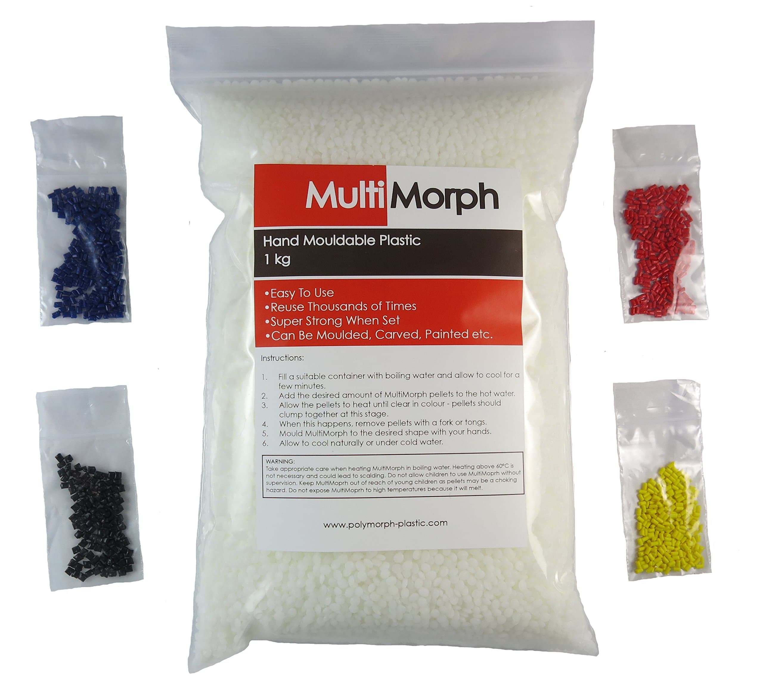 MultiMorph Polymorph Mouldable Plastic Pellets 1kg + 4 Free Colouring Sachets in Resealable Bag Made in UK, Red-Black-Yellow-Blue