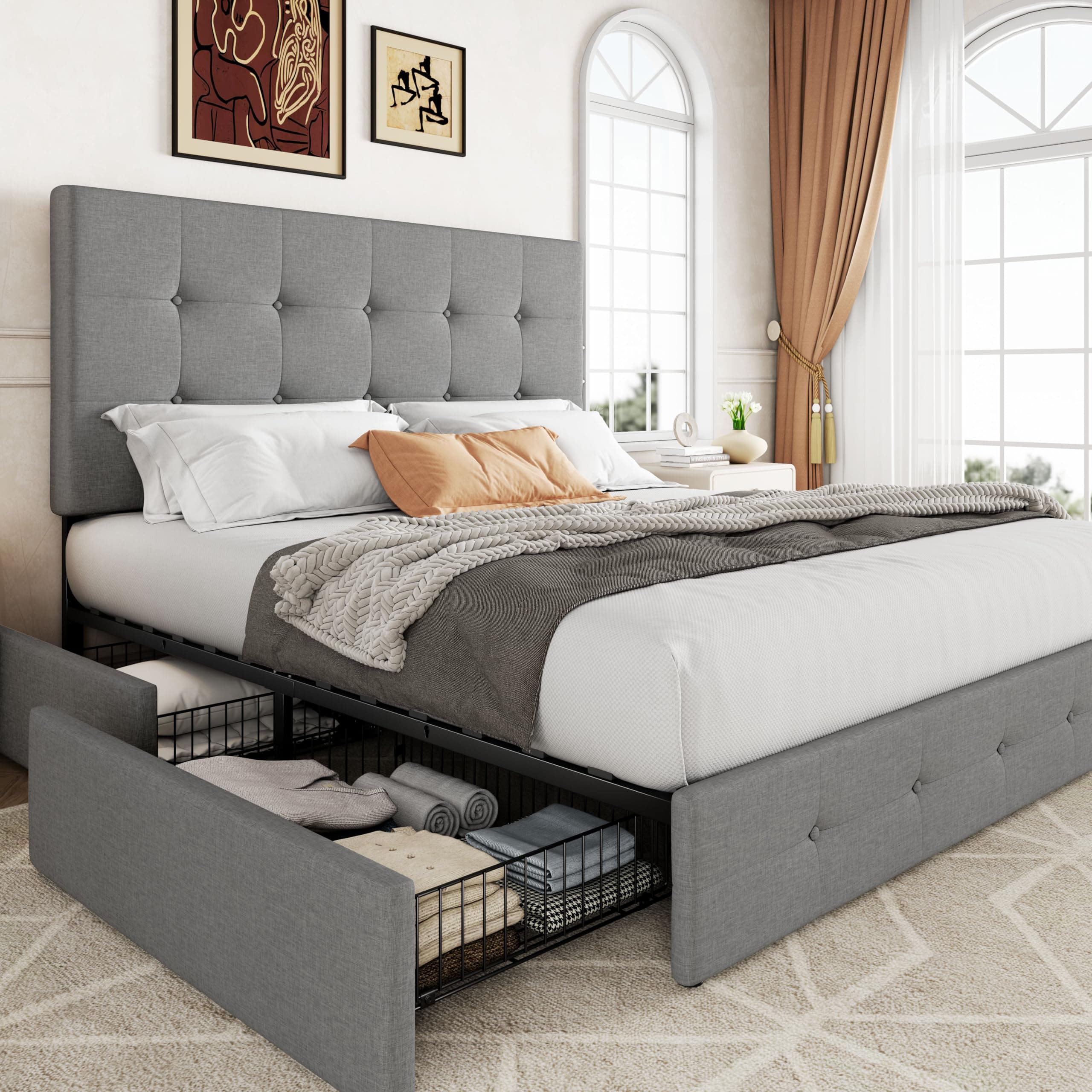 Upholstered Queen Size Platform Bed Frame with 4 Storage Drawers and Headboard, Square Stitched Button Tufted, Mattress Foundation with Wooden Slats Support, No Box Spring Needed, Light Grey