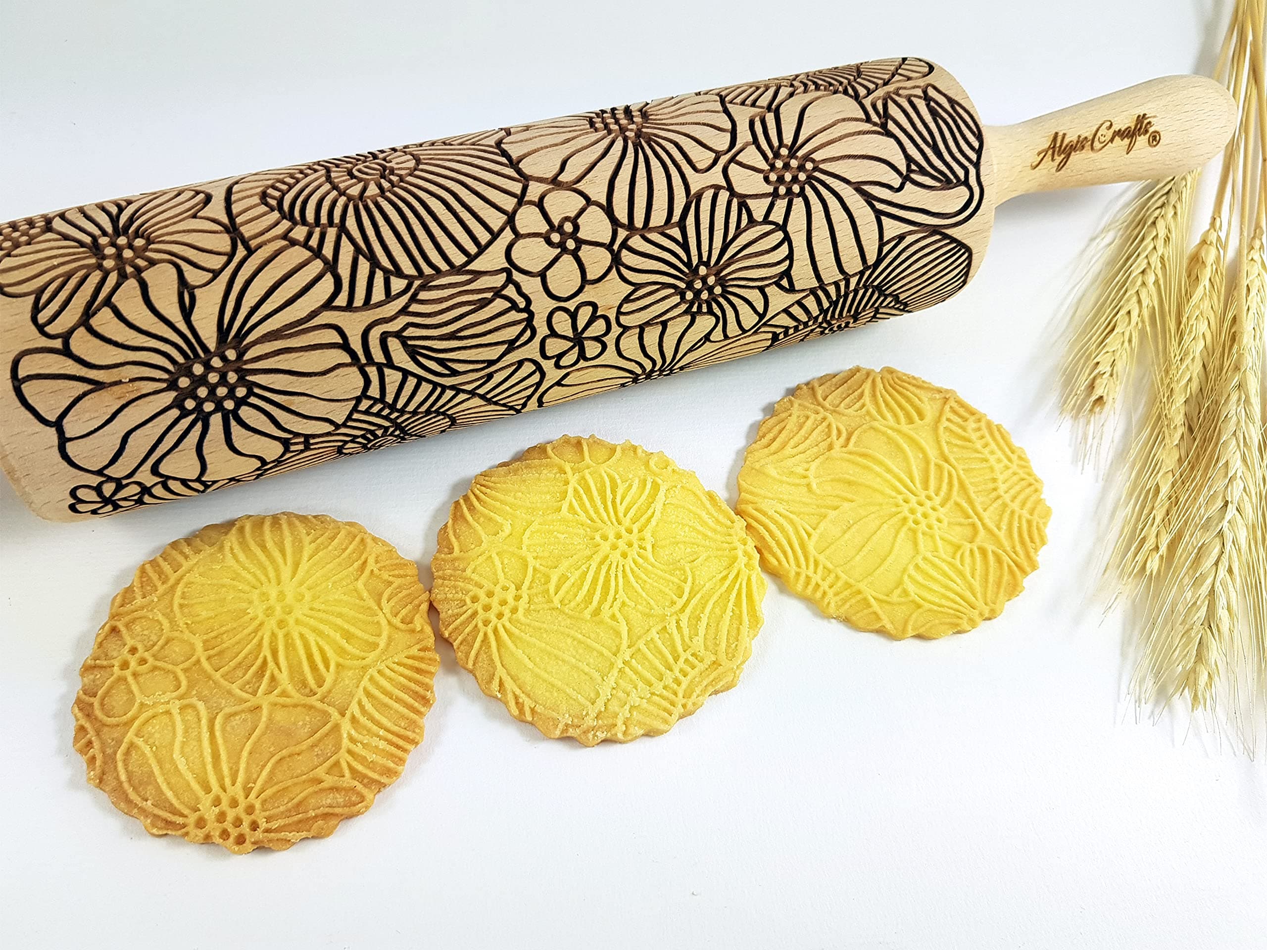 POPPY Embossing Rolling Pin with Wildflower Corn Poppies Pattern. Dough roller for embossed cookies and Pottery by Algis Crafts