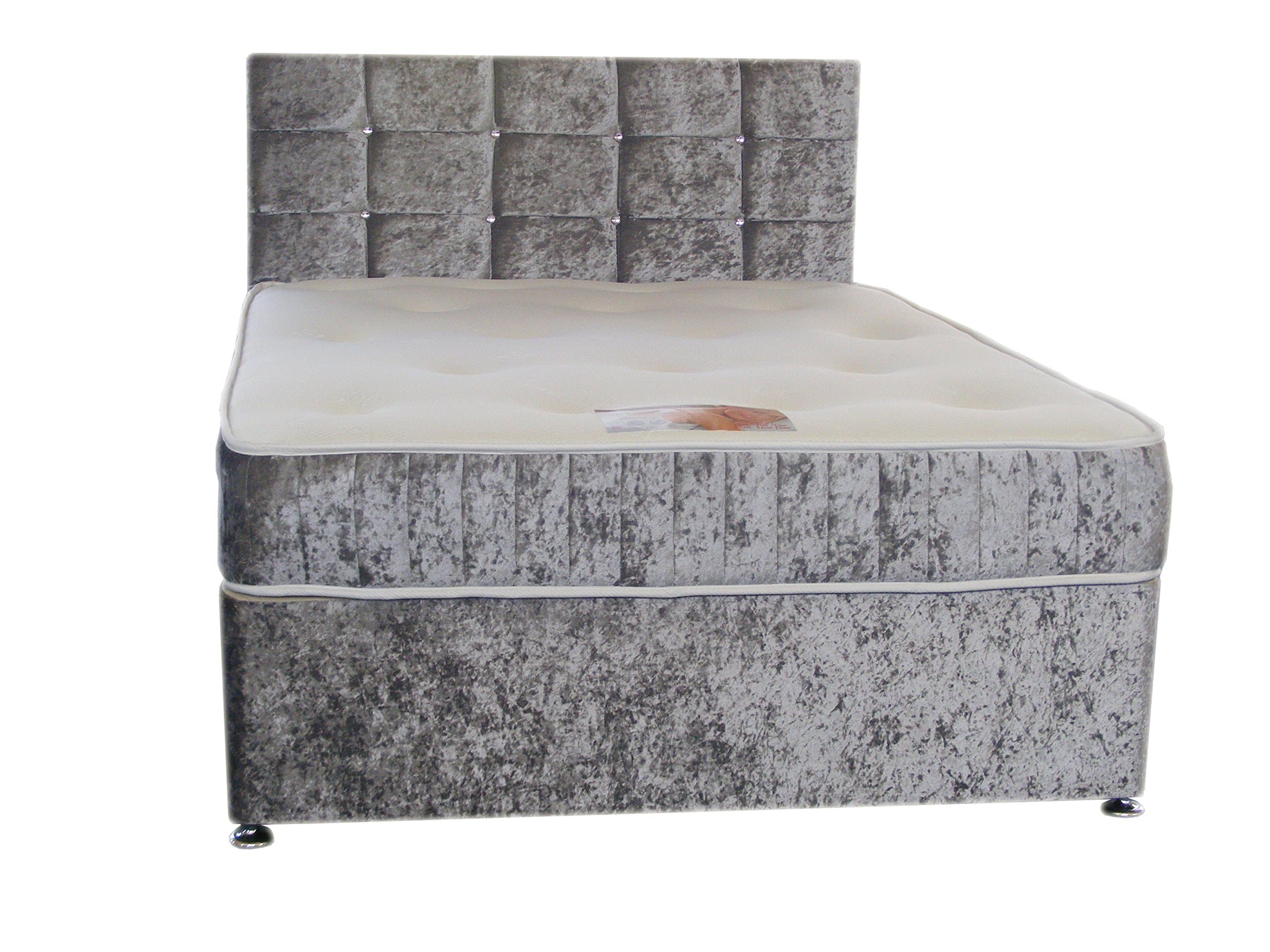 4FT6 Double Silver Crushed Velvet Divan Bed Set Including Luxurious Memory Foam Mattress And Dimante Headboard
