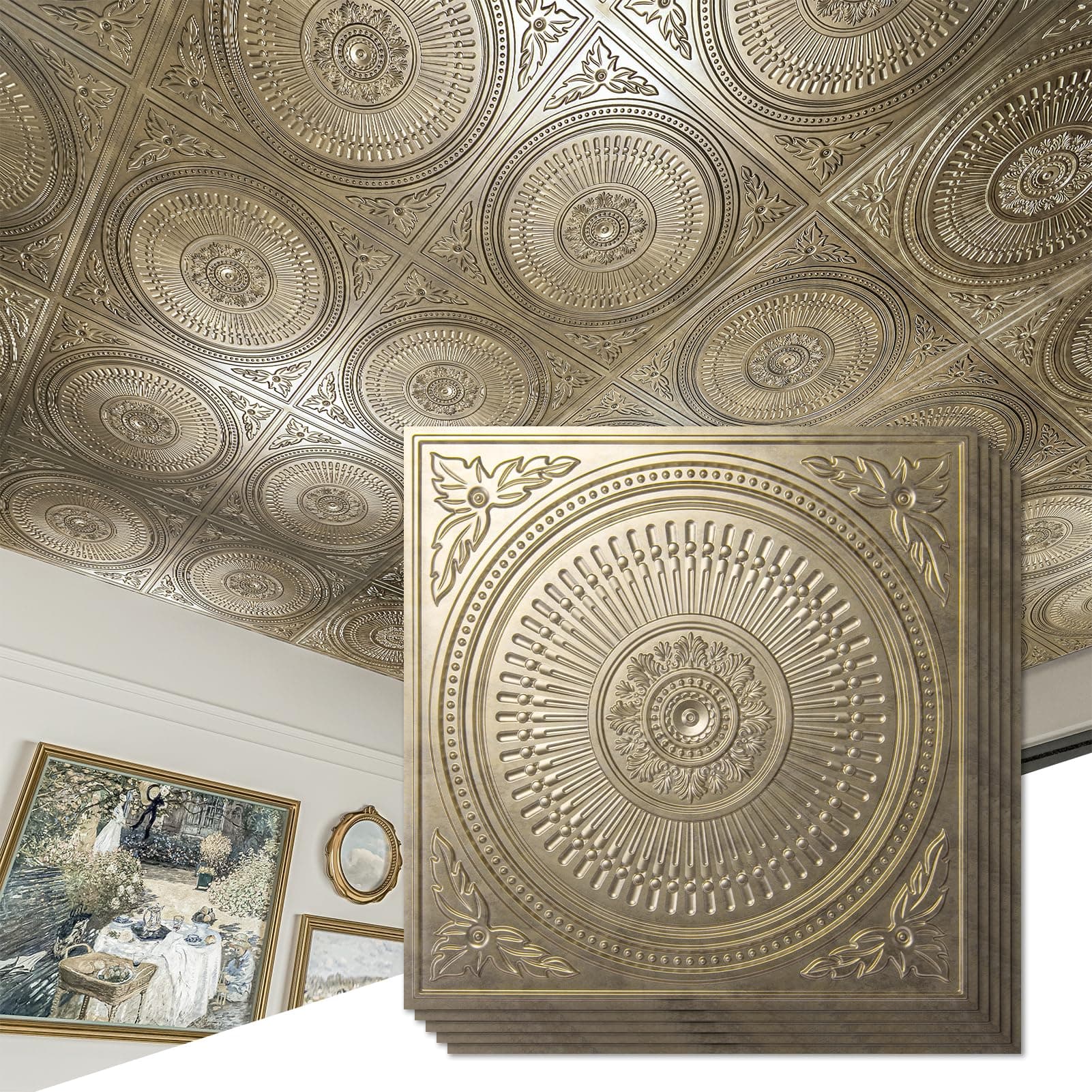 12-Pack Drop Ceiling Tiles 2x2 FT, Decorative Easy Install PVC Ceiling Panels for Interior Kitchen Bathroom Basement, 24x24 Inch, Antique Gold