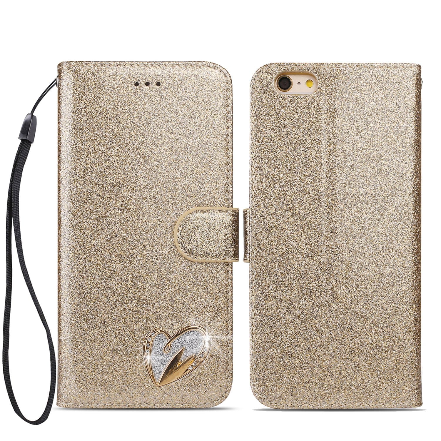 iPhone 5 5S SE Case, Bling Glitter [Magnetic Closure] PU Leather Flip Wallet [Love Diamond] Folio Inner Soft TPU Case with [Card Slots] Stand Function Cover Case for Apple iPhone 5/5S/SE- Gold