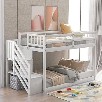 BIADNBZ Twin Over Twin Wood Bunk Bed with Storage Stairs, Floor Low Bunkbeds w/Safety Guard Rails for Kids Teens Adults, Bedroom, Dorm, Space Saving, No Box Spring Needed,White