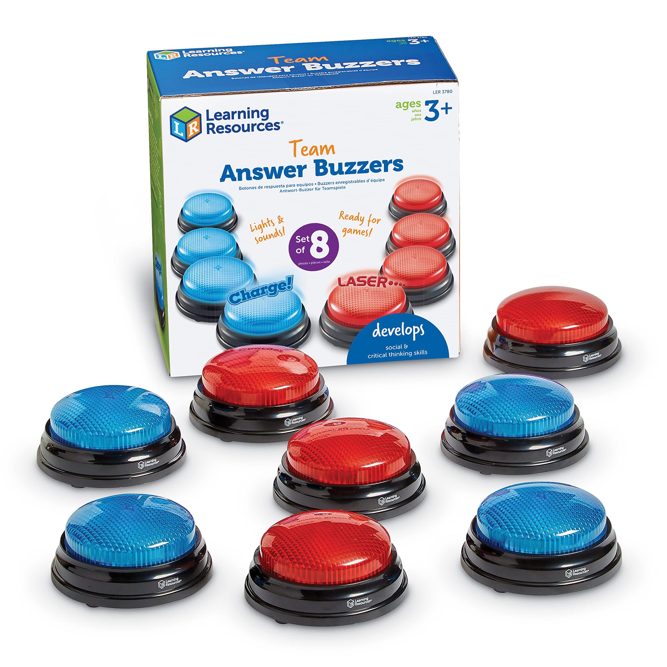 Learning Resources Team Answer Buzzers, 4 Red & 4 Blue Buzzers, 2 Different Sounds, Fun For Classroom & Home Game Play, Ages 3+