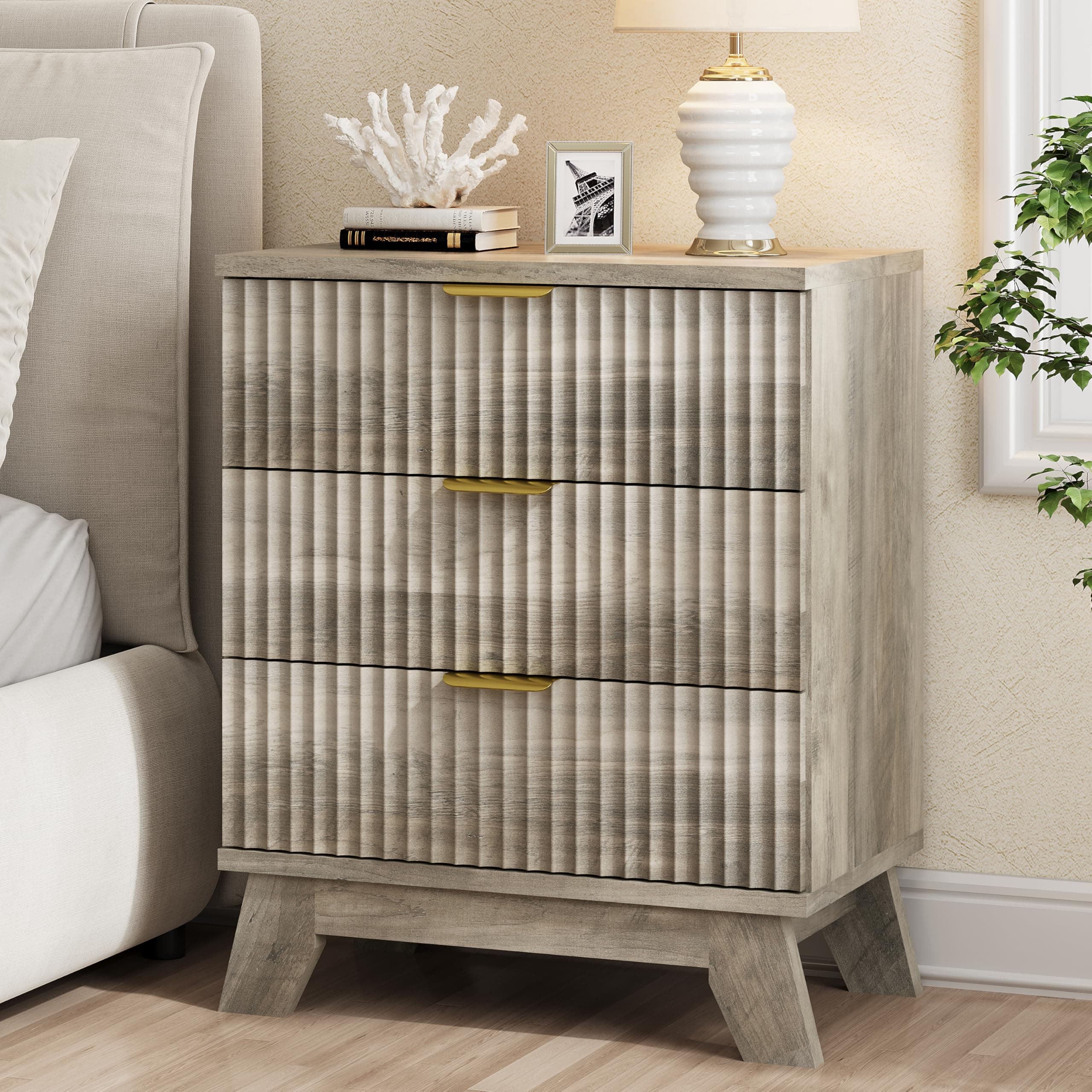 Fluted Nightstand, 24" Wide Side Table with 3 Large Storage Drawers, Mid Century Modern Wood Night Stand with Metal Handle, Wooden Bedside End Table for Bedroom, Living Room, Closet, Grey
