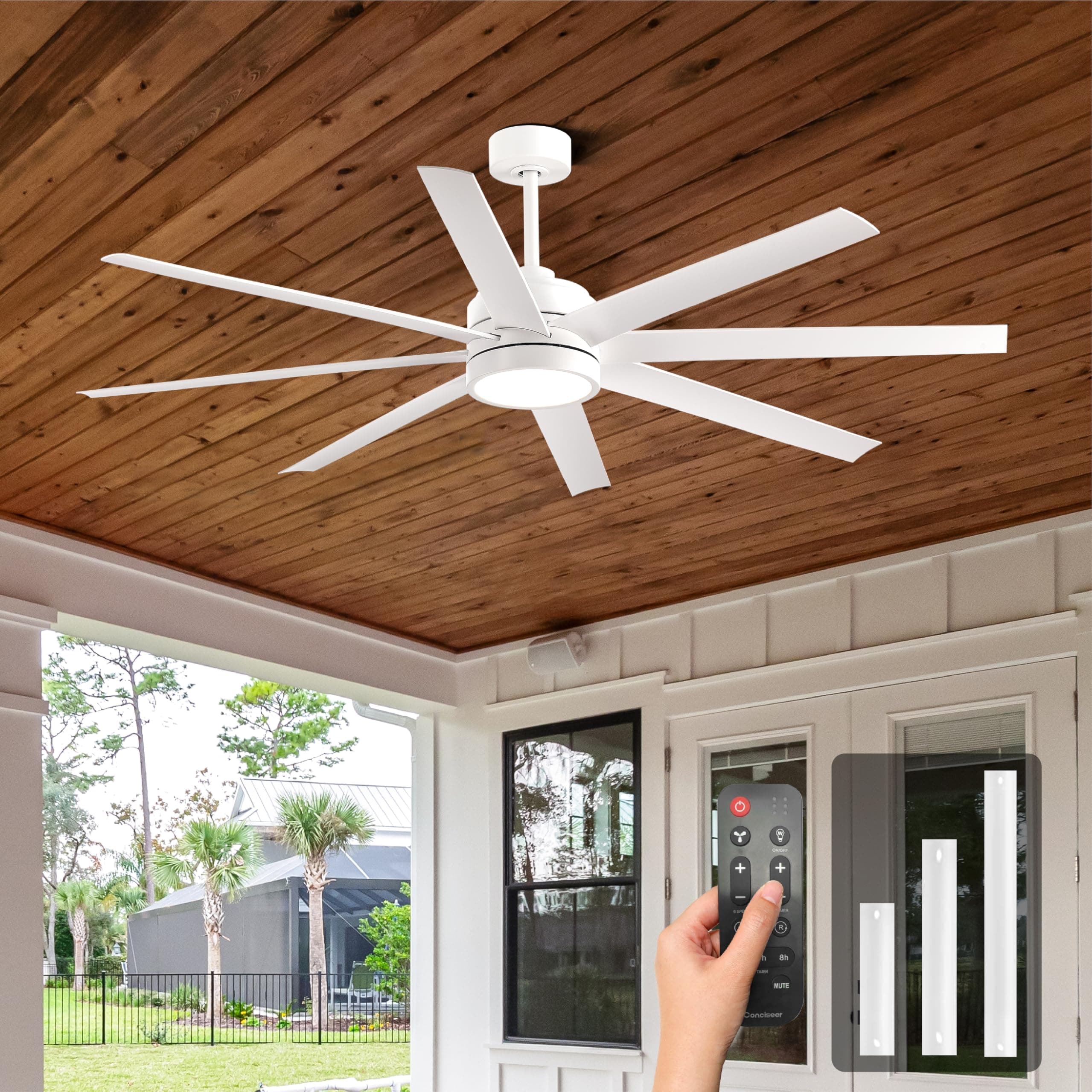 Modern Ceiling Fans with Lights, 65 Inch Ceiling Fan with Light and Remote for Bedroom Living Room Kitchen Office, Indoor/Outdoor Use, 24W 3CCT 8 Blades 6 Speed Reversible Quiet DC Motor, White