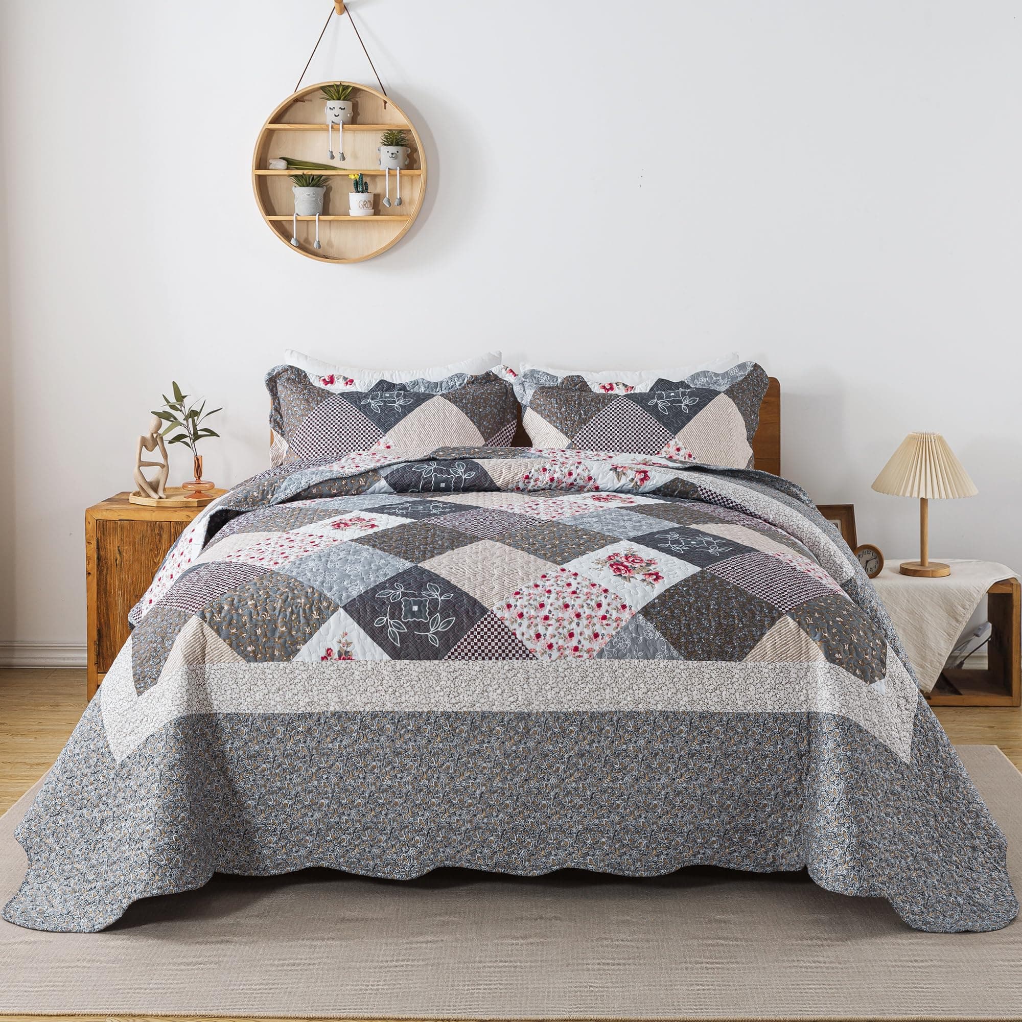 King Quilt Bedding Set - 3 Pieces Microfiber Quilt Sets Lightweight Bedspreads Reversible Coverlets Retro Bed Cover Quilt King Size All Season Quilts-Grey