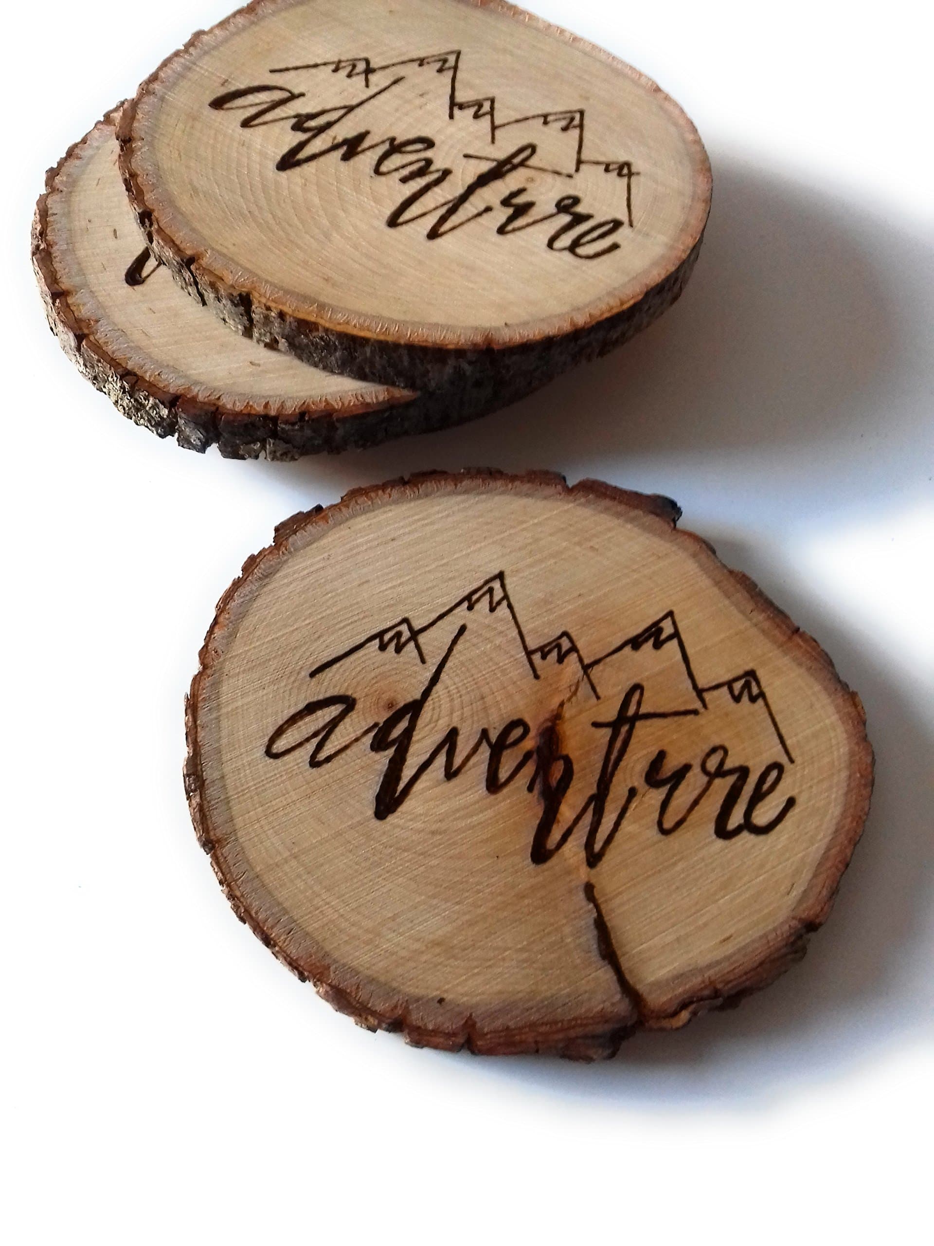 Adventure Wood Burned Tree Slice Coasters