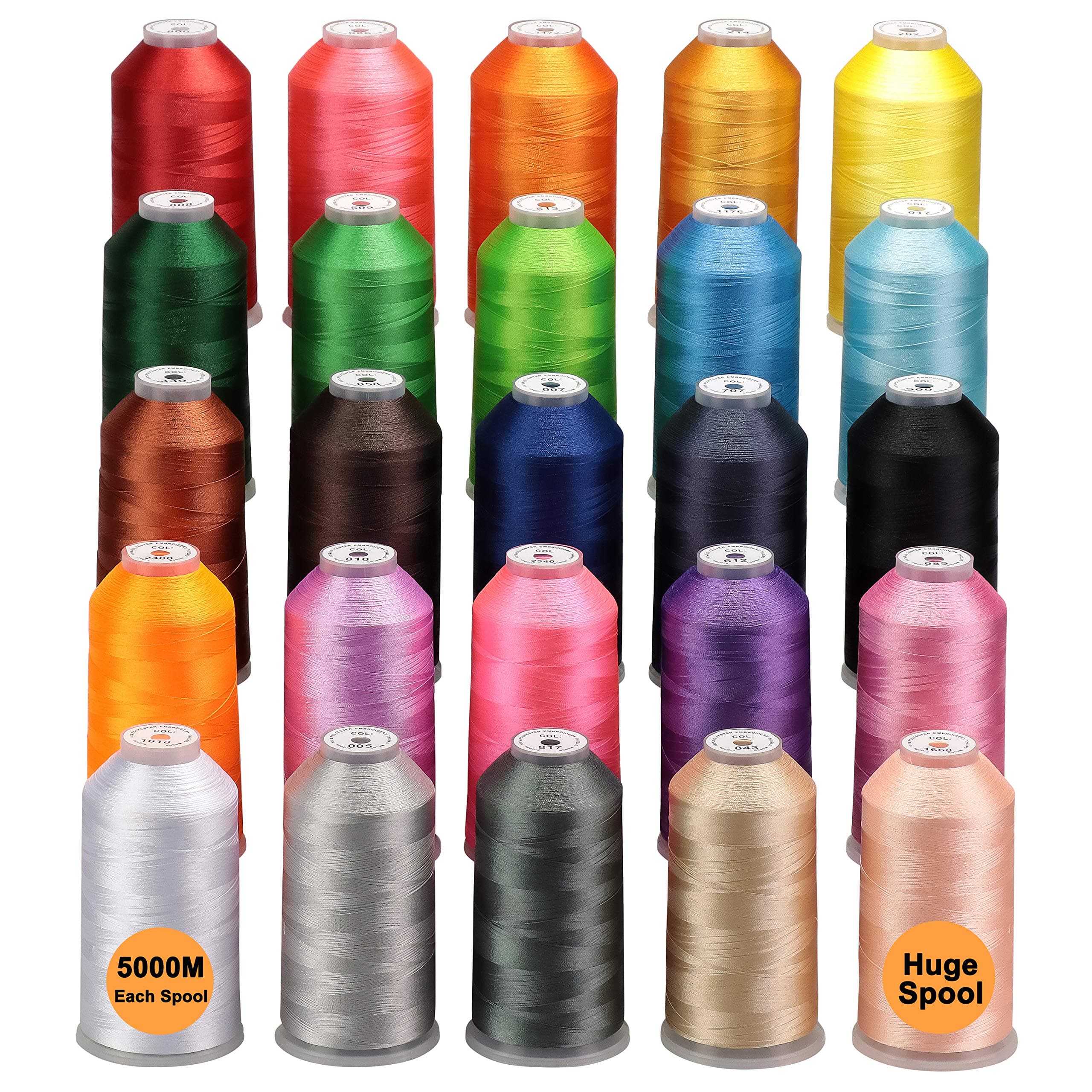 New brothread - 25 Basic Colours of Huge Spool 5000M Polyester Machine Embroidery Thread for Commercial and Domestic Embroidery Machines