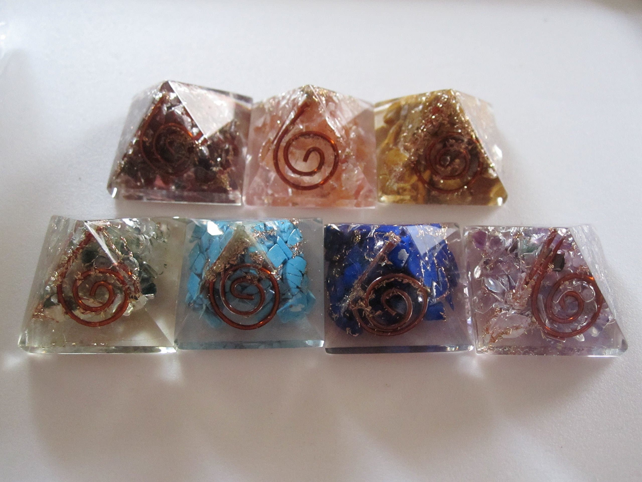 Mini Orgone Energy 7pc Chakra Pyramid Set w/Chakra Pocket Disc - Jasper, Carnelian, Aventurine, Lapis Lazuli, Amethyst