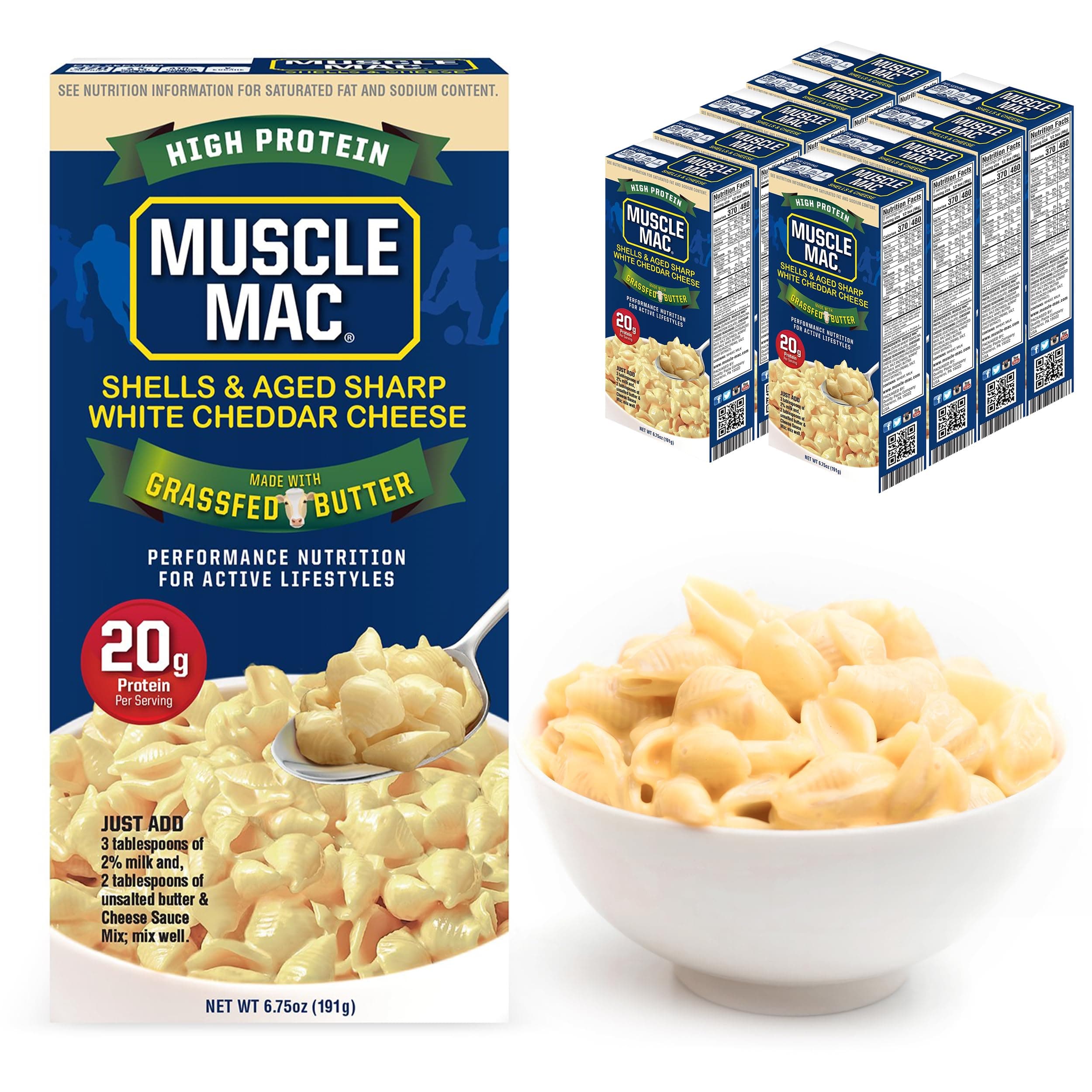 MUSCLE MACHigh Protein Shells & Cheese Dinner, Made With Aged Sharp White Cheddar and Butter from GrassFed Cows, 20g of protein, 6.75 oz (Pack of 10)