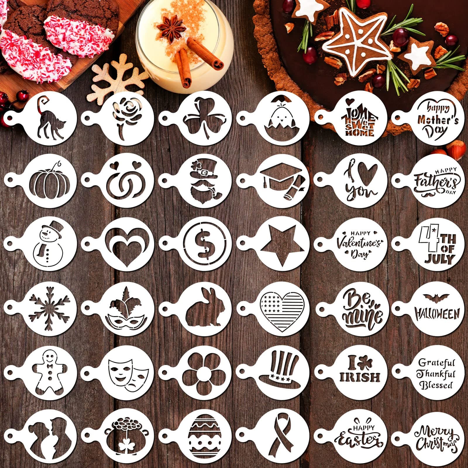 36 Pcs Seasonal Cookie Cake Stencils Set Reusable Baking Stencils DIY Coffee Drawing Templates Cupcake Dessert Decorating Baking Painting Tools for Fall Birthday Dessert Cupcake