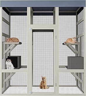 71" Large Catio Outdoor Cat Enclosure, Large Wooden Cattio for Cats with Waterproof Top, Indoor/Outdoor Cat Cage Condo (Gray)