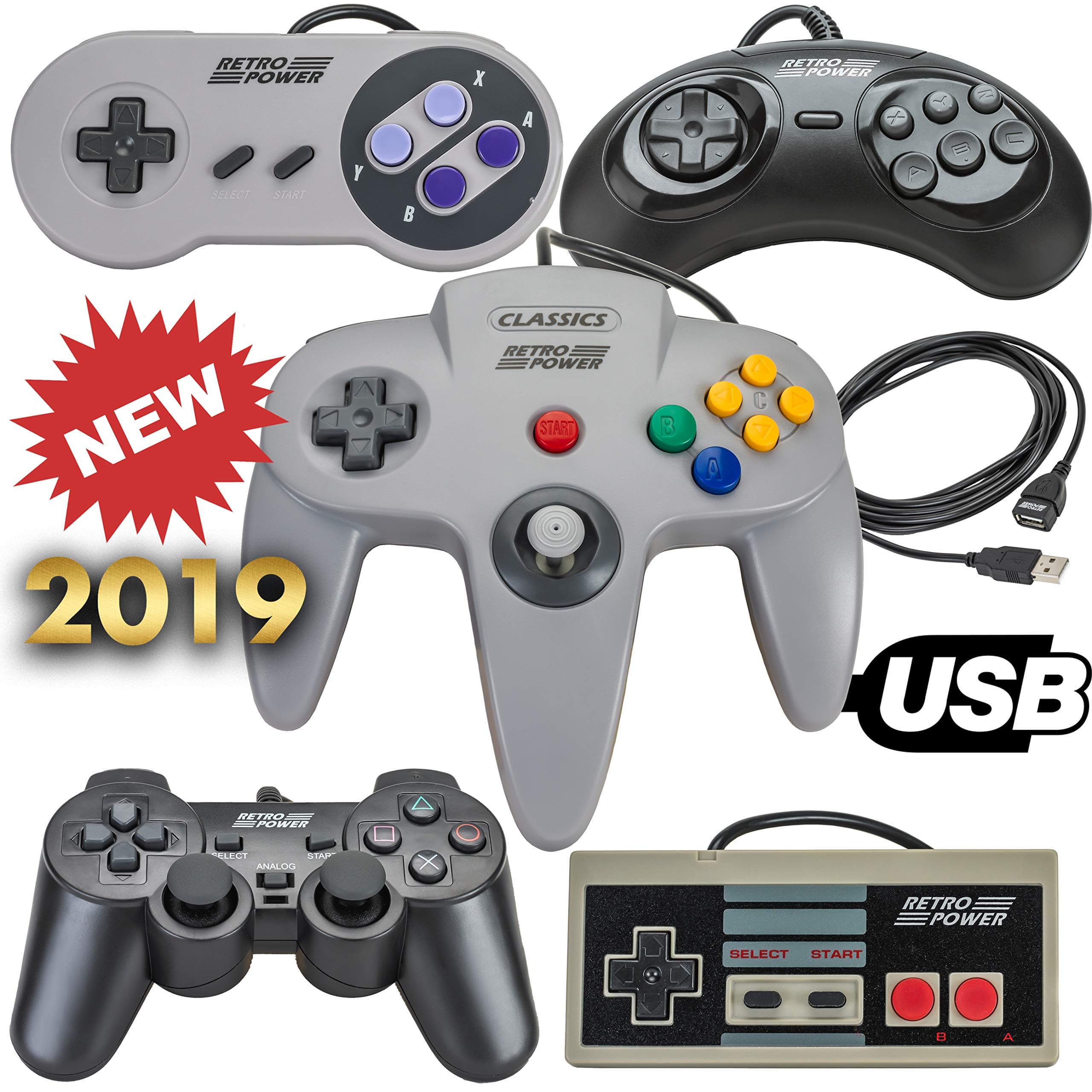 New 2019: 5 USB Classic Controllers - NES, SNES, Sega Genesis, N64, PlayStation 2 (PS2) for RetroPie, PC, HyperSpin, MAME, Emulator, Raspberry Pi Gamepad