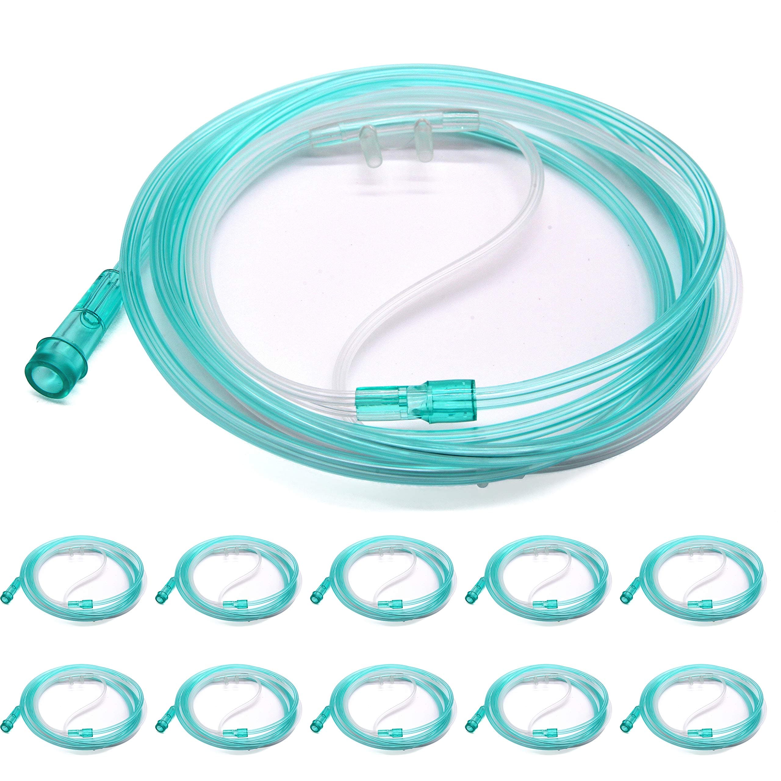 - 10 Pack High-Flow Soft Nasal Oxygen Cannula, Standard Connector 6.6 Feet, Green Tubing