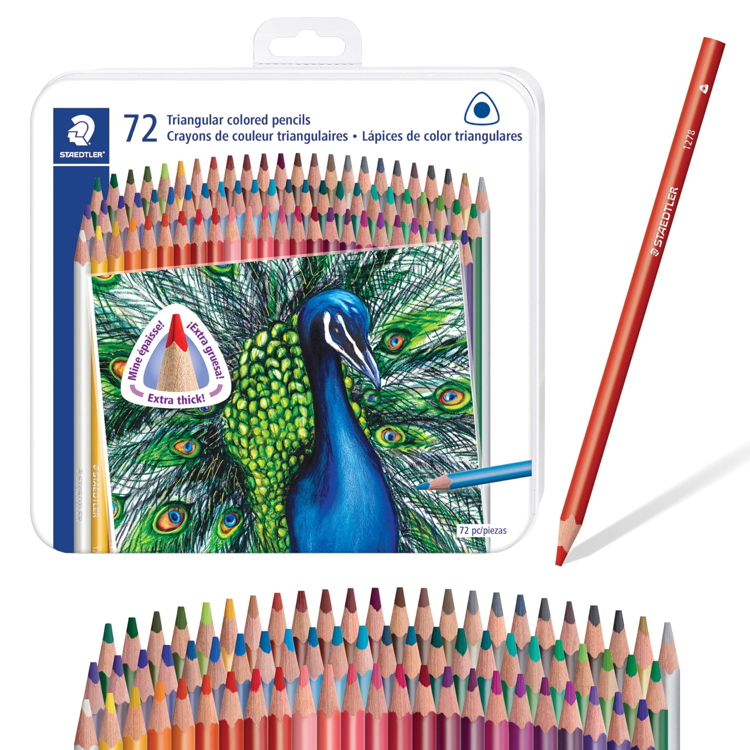 Colored Pencils Set (72-Pack) - Ergonomic Triangular Barrel, Smooth 4mm Lines, Wood - 72 Vibrant Colors in Tin, for Artists & Students
