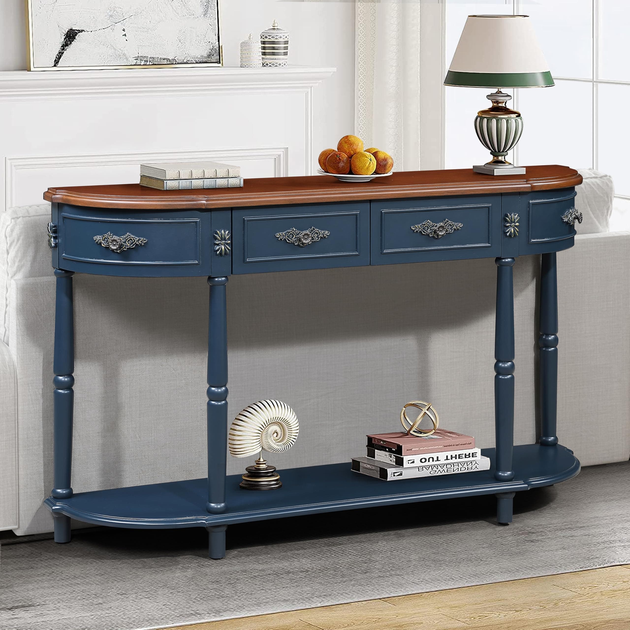 Knocbel 52in Sofa Console Table with 2 Storage Drawers and Bottom Slatted Shelf, Entry Hallway Foyer Long Retro Curved Table with Legs, 13" D x 52" W x 32" H Navy Blue
