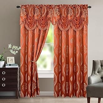 Elegant Comfort Aurora Jacquard Look Curtain Panel Set with Attached Valance 54" X 84 inch (Set of 2), Rusty Red