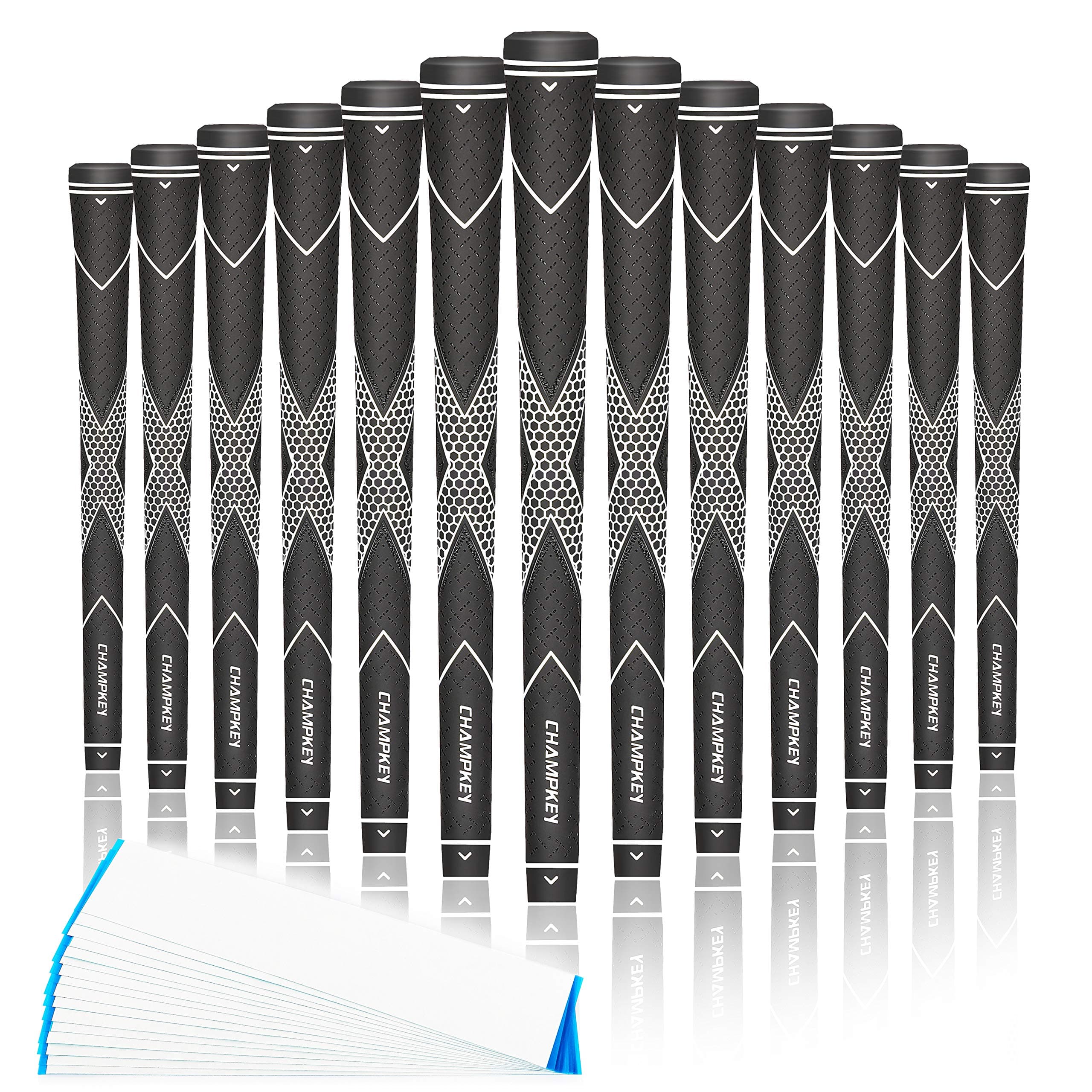 CHAMPKEY Traction-X Golf Grips 13 Pack | High Traction and Feedback Rubber Golf Club Grips | Choose Between 13 Grips with 15 Tapse and 13 Grips with All Kits