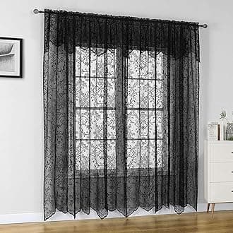 WUBODTI Halloween Black Lace Curtains with Attached Valance 63 Inch Length, Victorian Vintage Black Sheer Curtain Gothic Floral Embroidered Short Curtains for Kitchen Bedroom, 60" W x 63" L