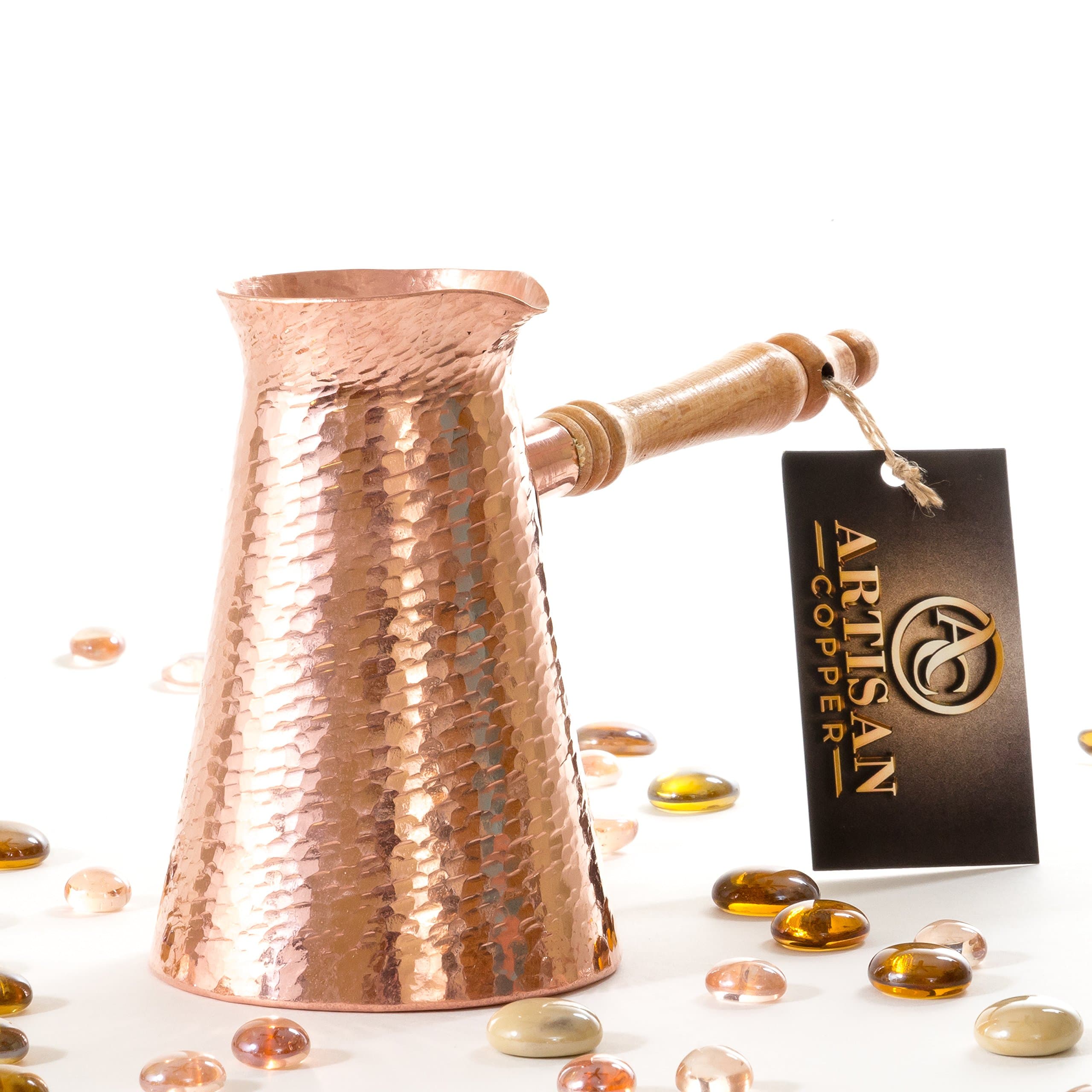 Hammered Pure Copper Turkish Coffee Pot with Silver Lining - Handmade Cezve (16oz)