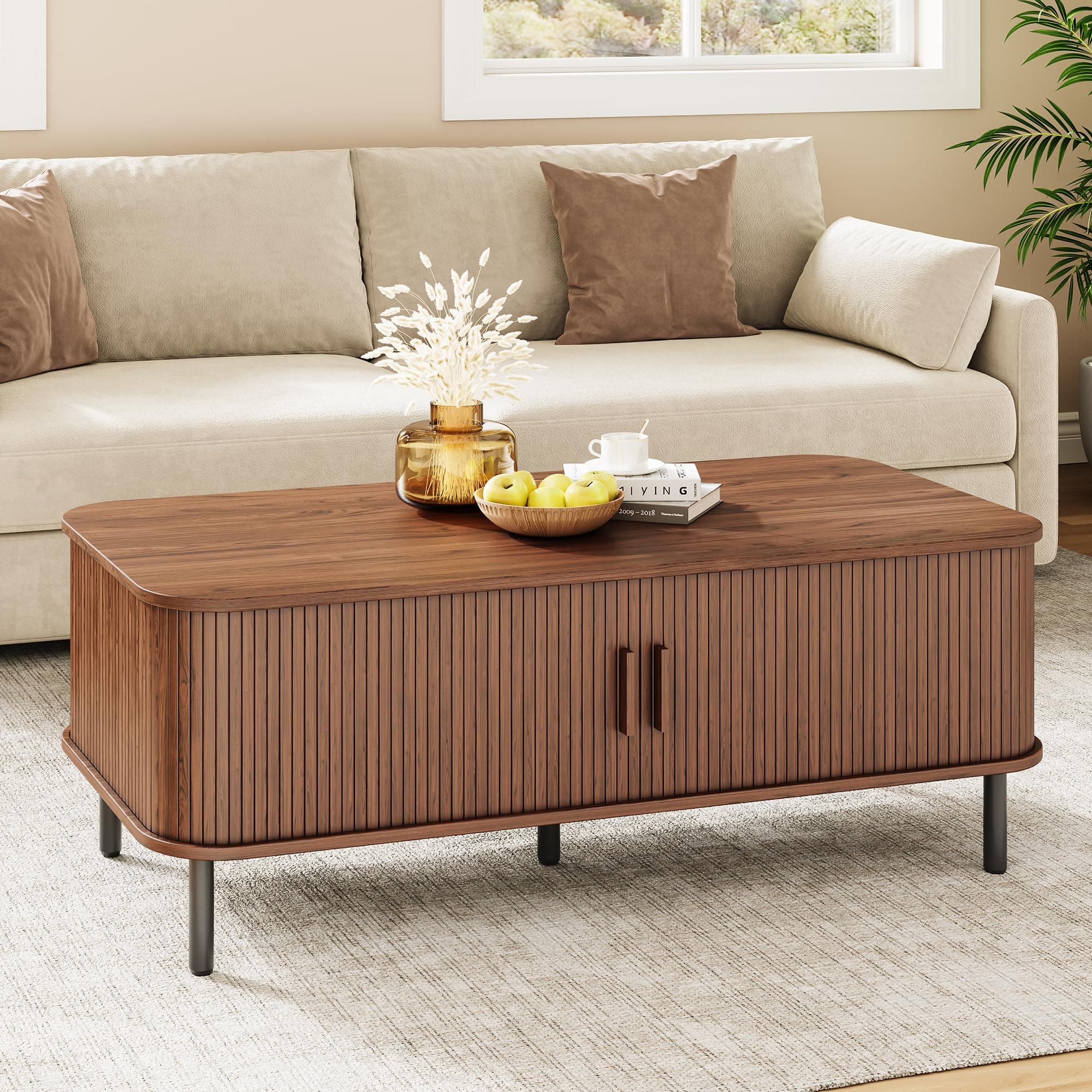 ONBRILLCoffee Table with Storage, 47.2" Mid Century Modern Coffee Tables for Living Room, Rectangle Center Table with Sliding Tambour Door & Adjustable Leg, Wood Coffee Table for Living Room, Walnut