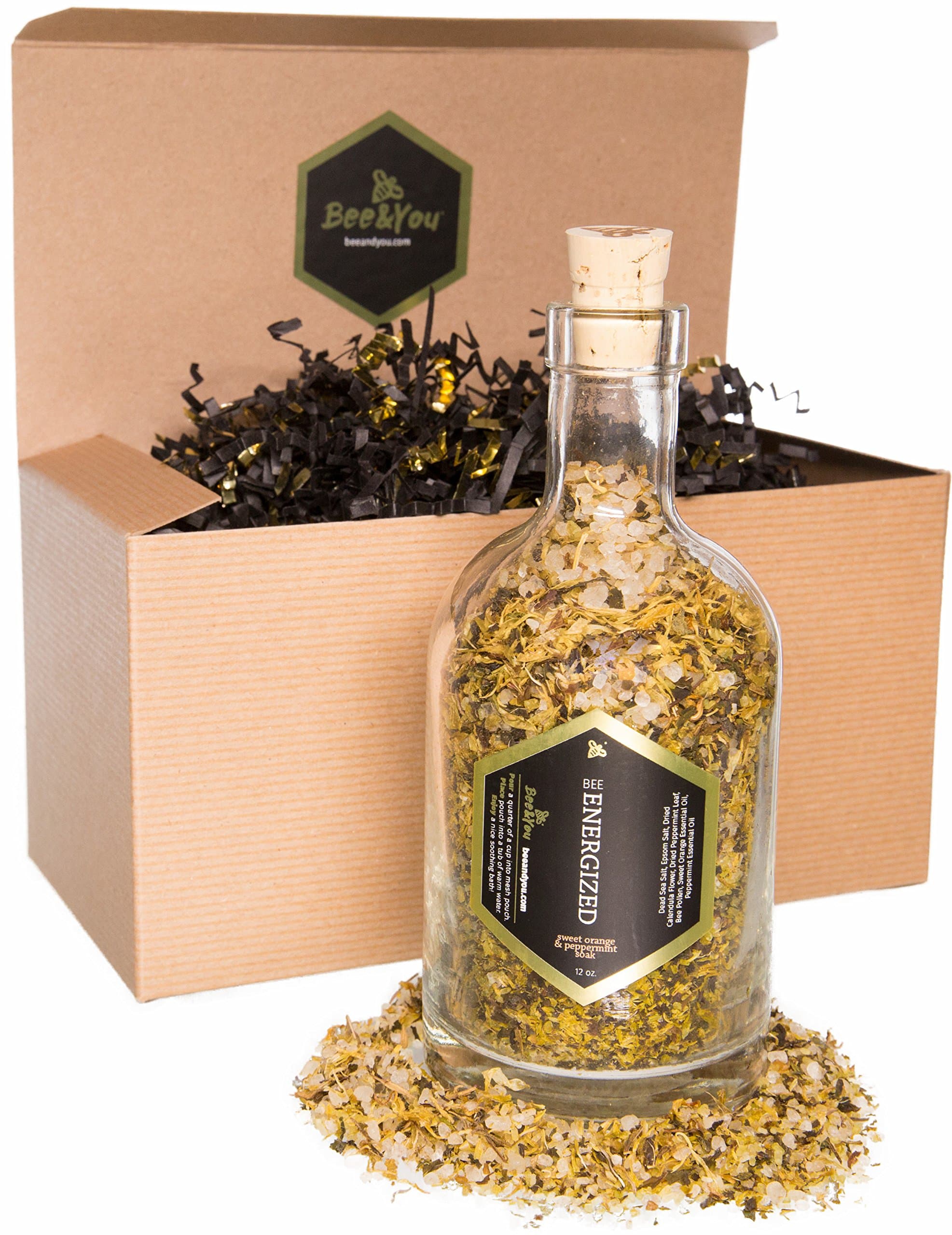 Bee & You - Bee Energized Soaking Salt - Epsom Salt & Dead Sea Salt with Bee Pollen, Sweet Orange & Peppermint Essential Oils - Bath Salts for Skin Hydration, Aromatherapy, Stress Relief - 12 Ounces