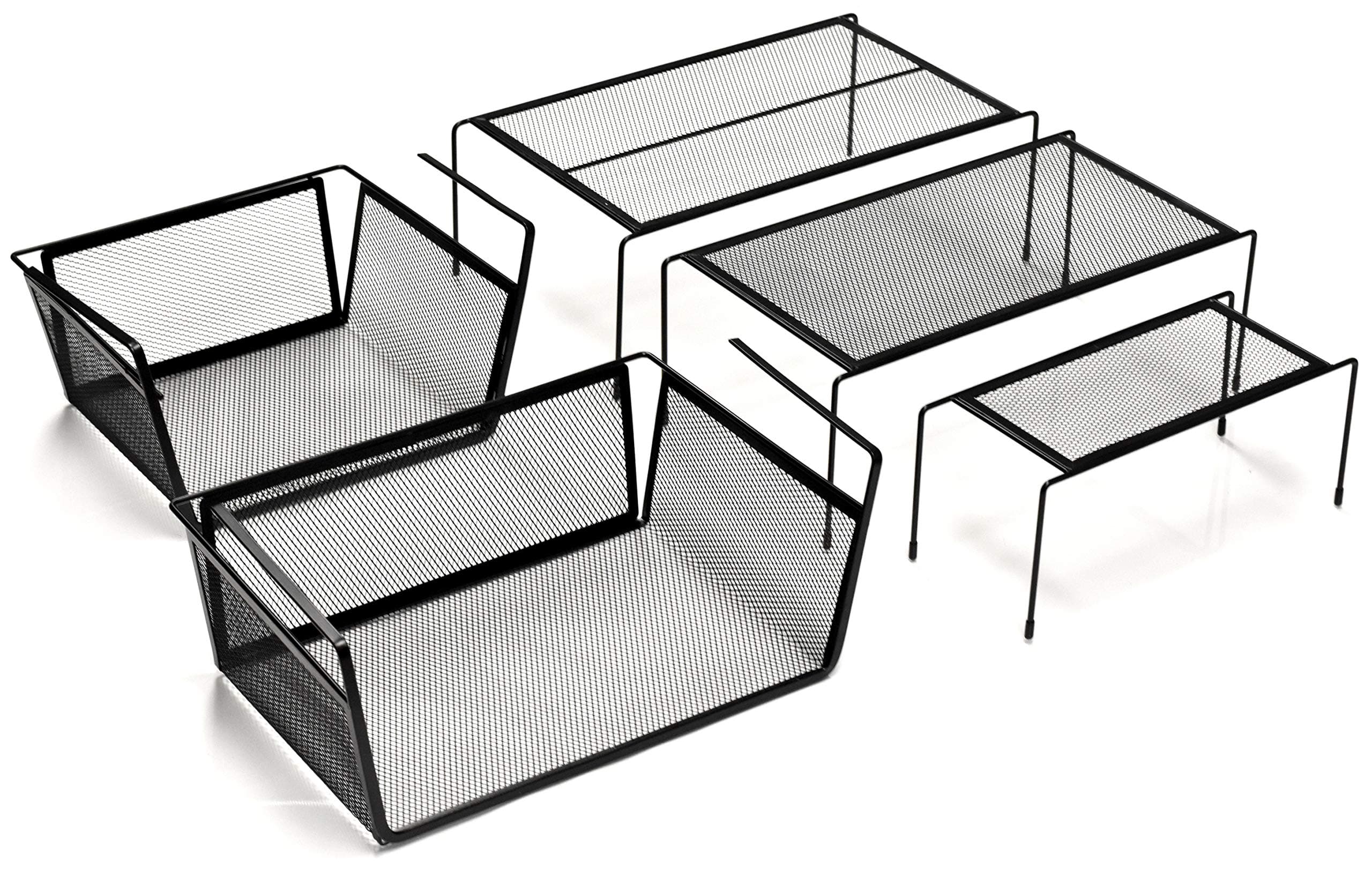 Masirs Kitchen Cabinet Organizer Set, Three Shelves, Two Under Shelf Baskets, Additional Cabinet or Counter Storage Space to Organize your Dishes, Glasses and Food Items, (5-Piece Set)