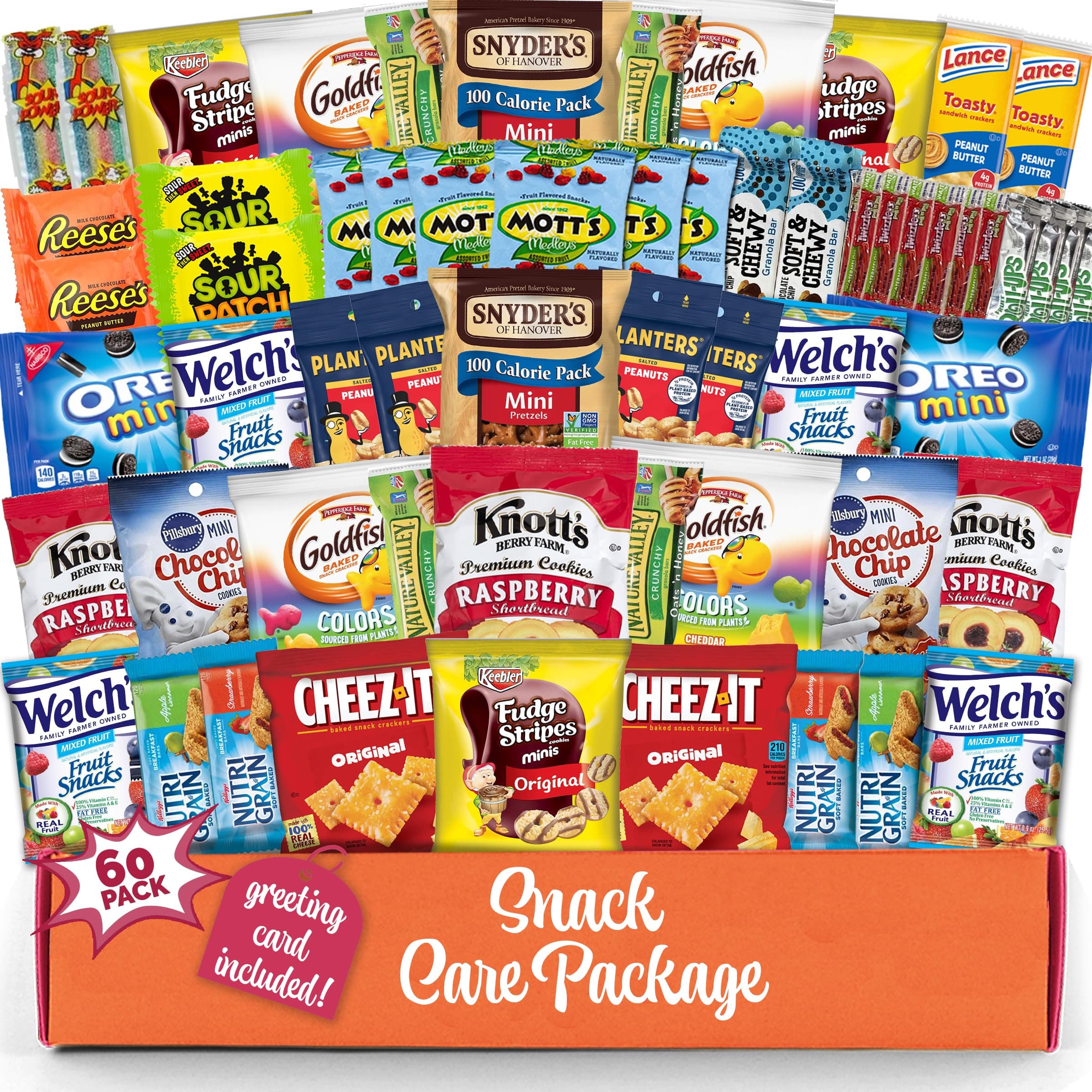 Snack box care package Candy Variety Pack snack pack(60 Count) Holiday Christmas Gift Baskets for Kids Adults Teens Family College Student - Crave Food Birthday Arrangement Candy Chips Cookies