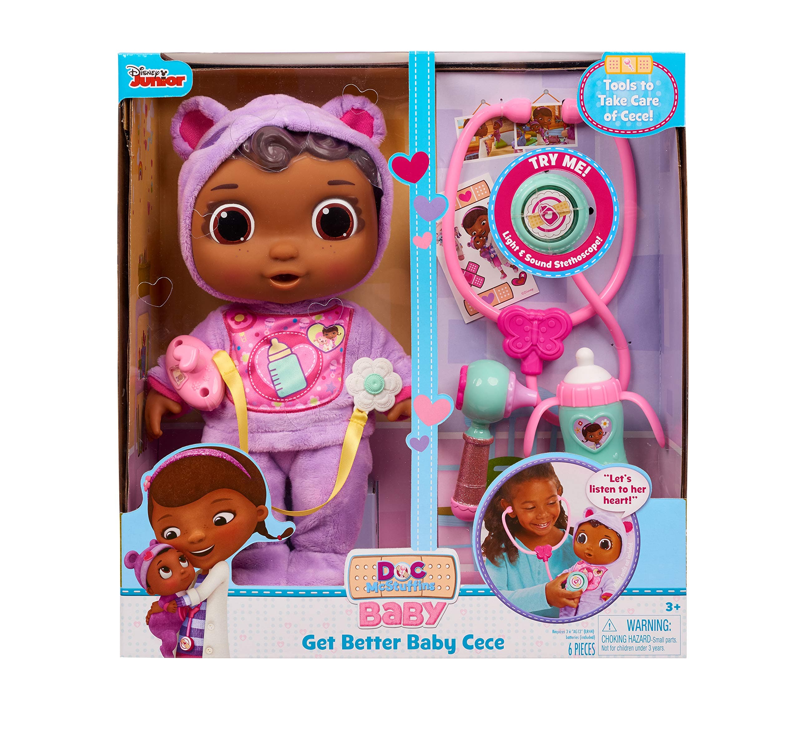 Doc McStuffins Disney Junior Get Better Baby Cece Doll with Lights and Sounds Stethescope and Doctor Accessories, by Just Play